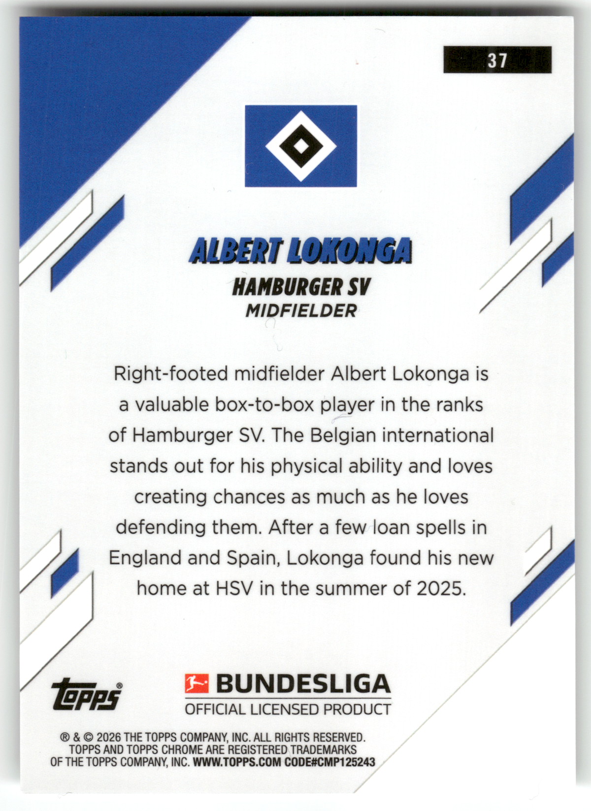 Fußball Albert Lokonga - 2025-26 Topps Chrome Bundesliga - Hamburger SV #37 Trading Card Original