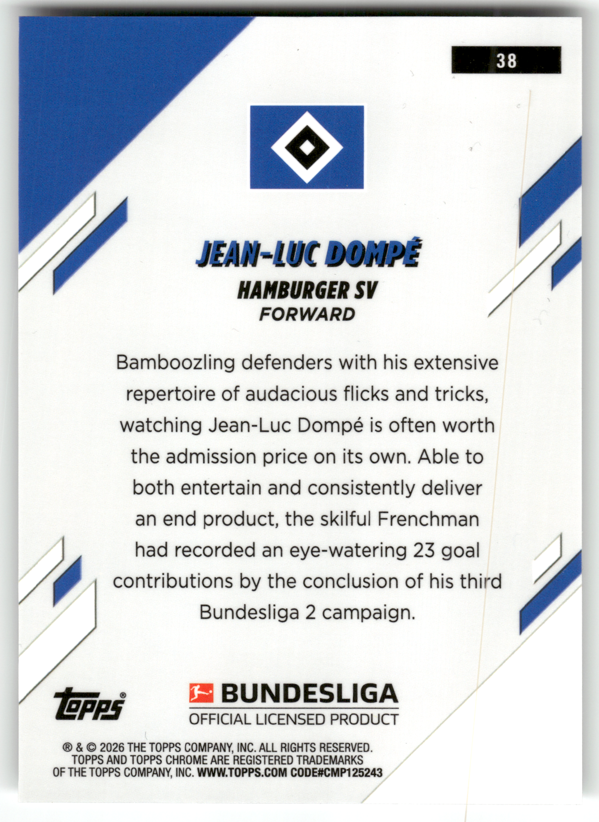 Fußball Jean-Luc Dompé - 2025-26 Topps Chrome Bundesliga - Hamburger SV #38 Trading Card Original