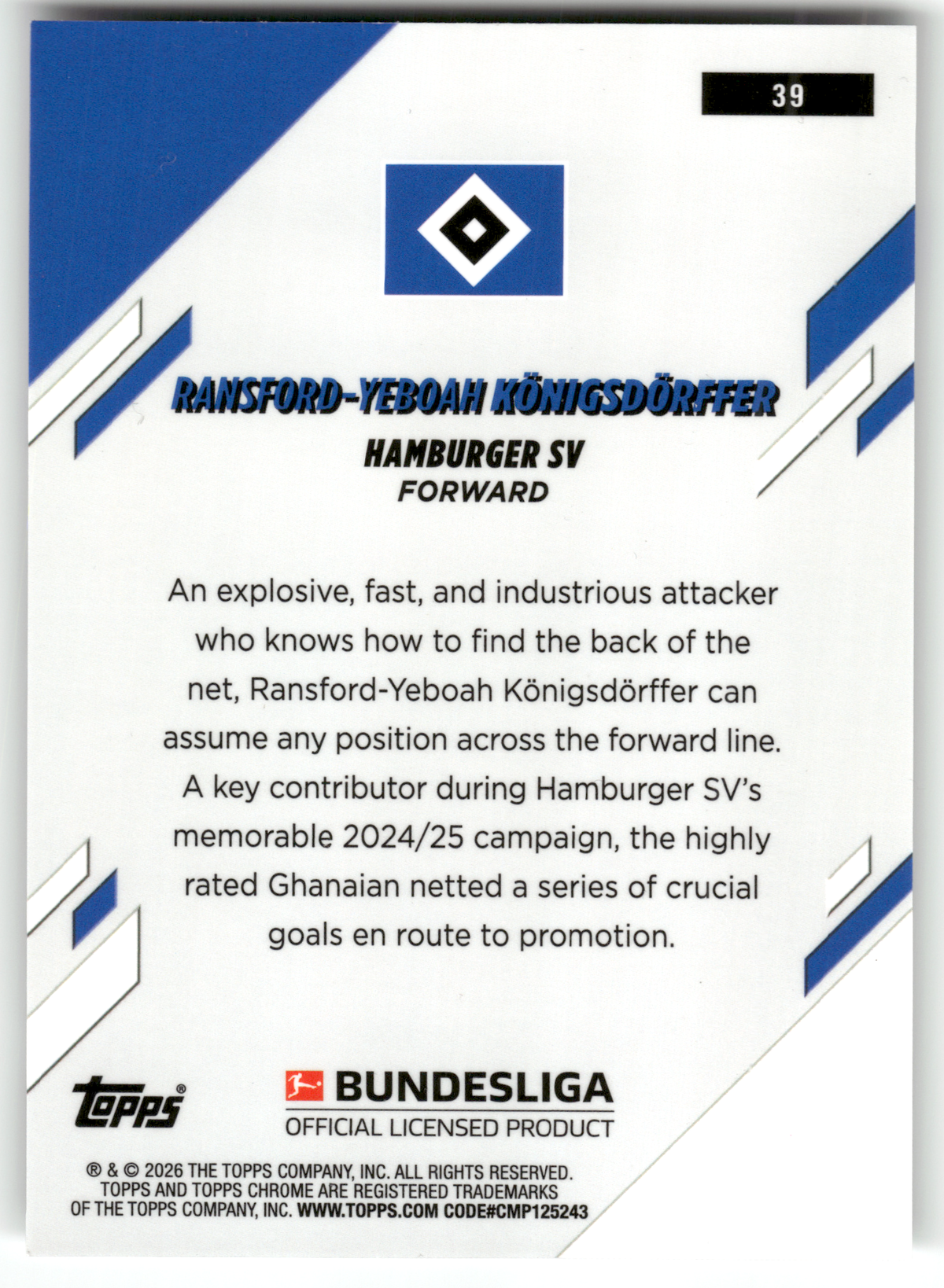 Fußball Ransford-Yeboah Königsdörffer - 2025-26 Topps Chrome Bundesliga - Hamburger SV #39 Trading Card Original