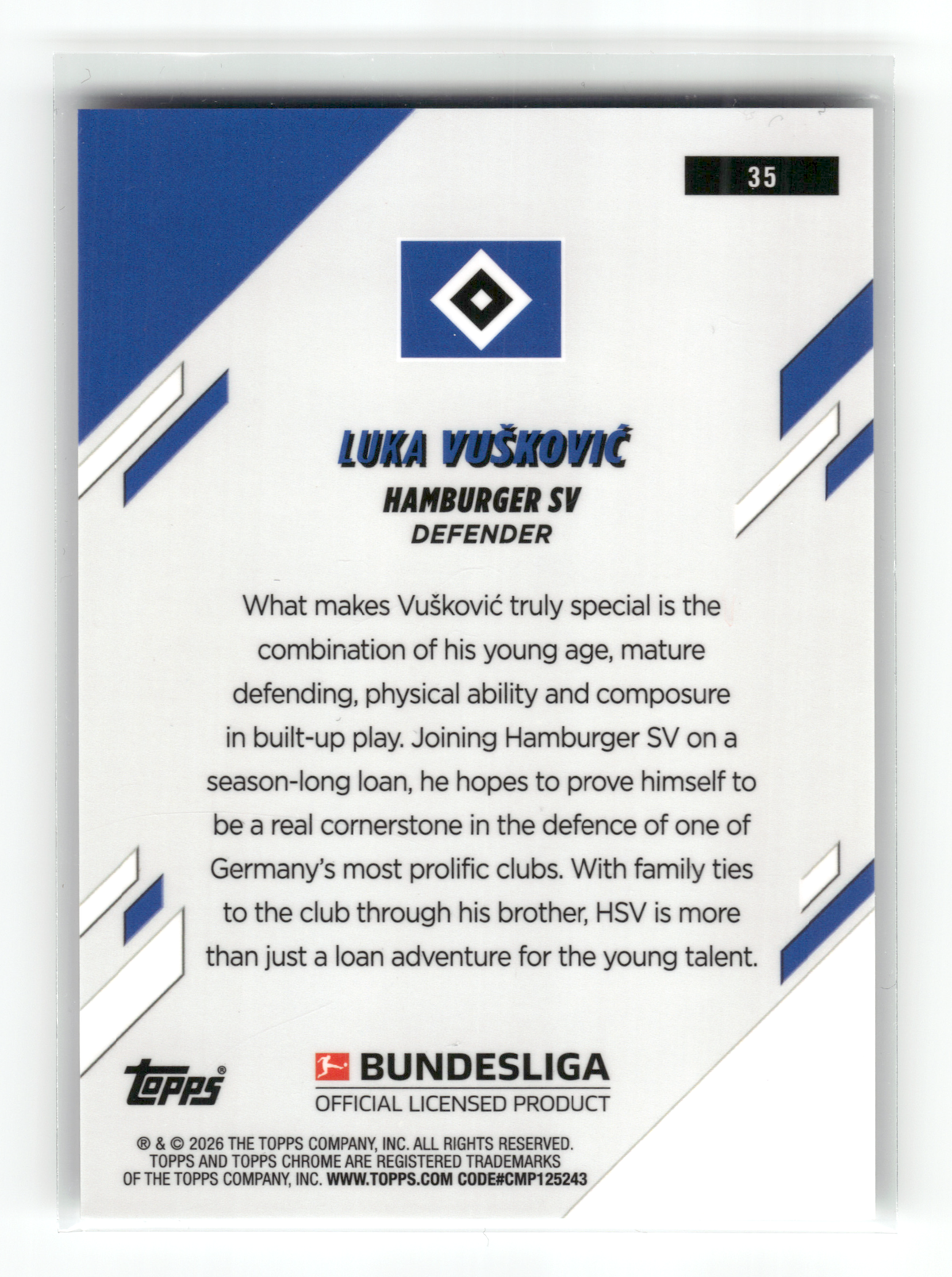 Fußball Luka Vušković Rookie - 2025-26 Topps Chrome Bundesliga - Hamburger SV #35 Trading Card Original