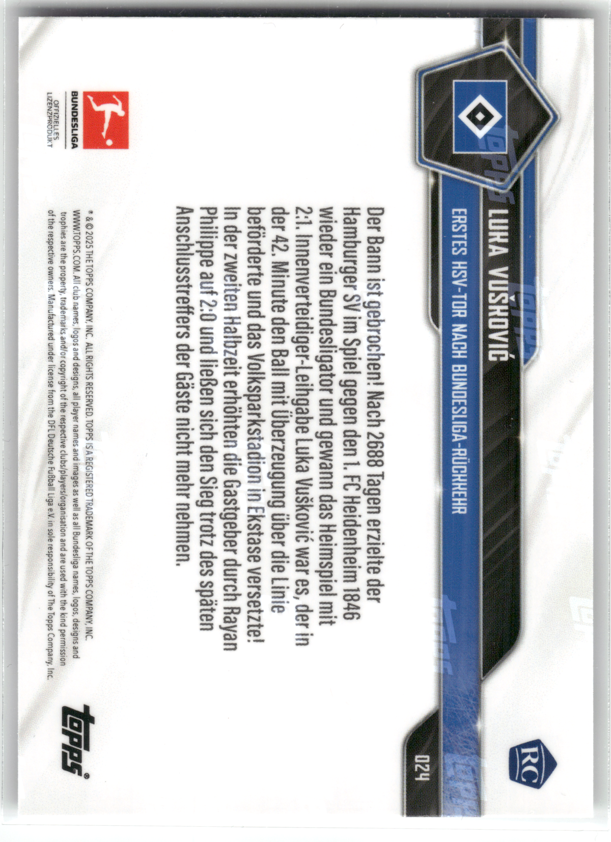 Fußball Luka Vušković Rookie - 2025 Topps Now Bundesliga - Hamburger SV #024 Trading Card Original