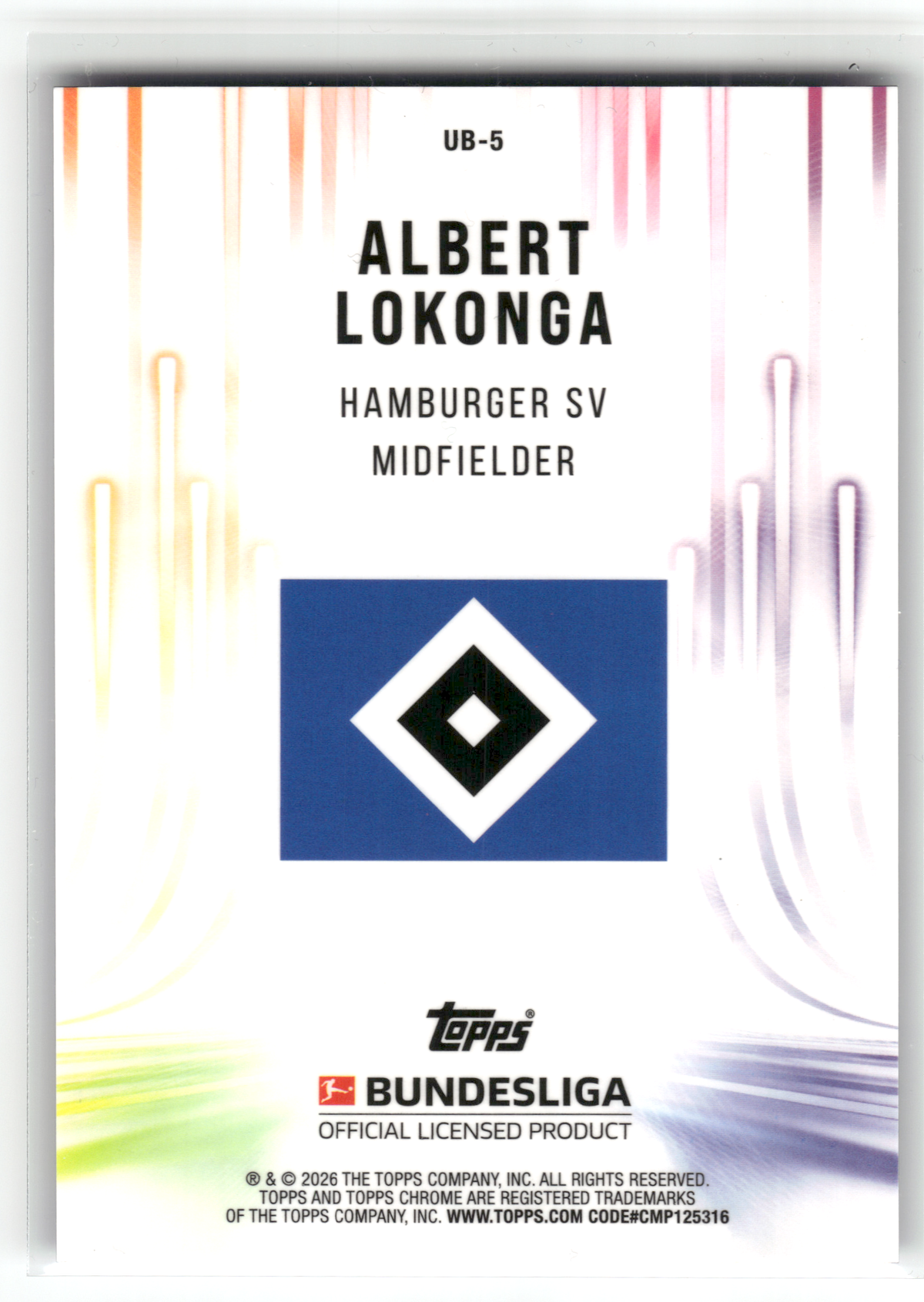 Fußball Albert Lokonga - 2025-26 Topps Chrome Bundesliga - Ultrabeam Purple /75 - Hamburger SV #UB-5 Trading Card Original