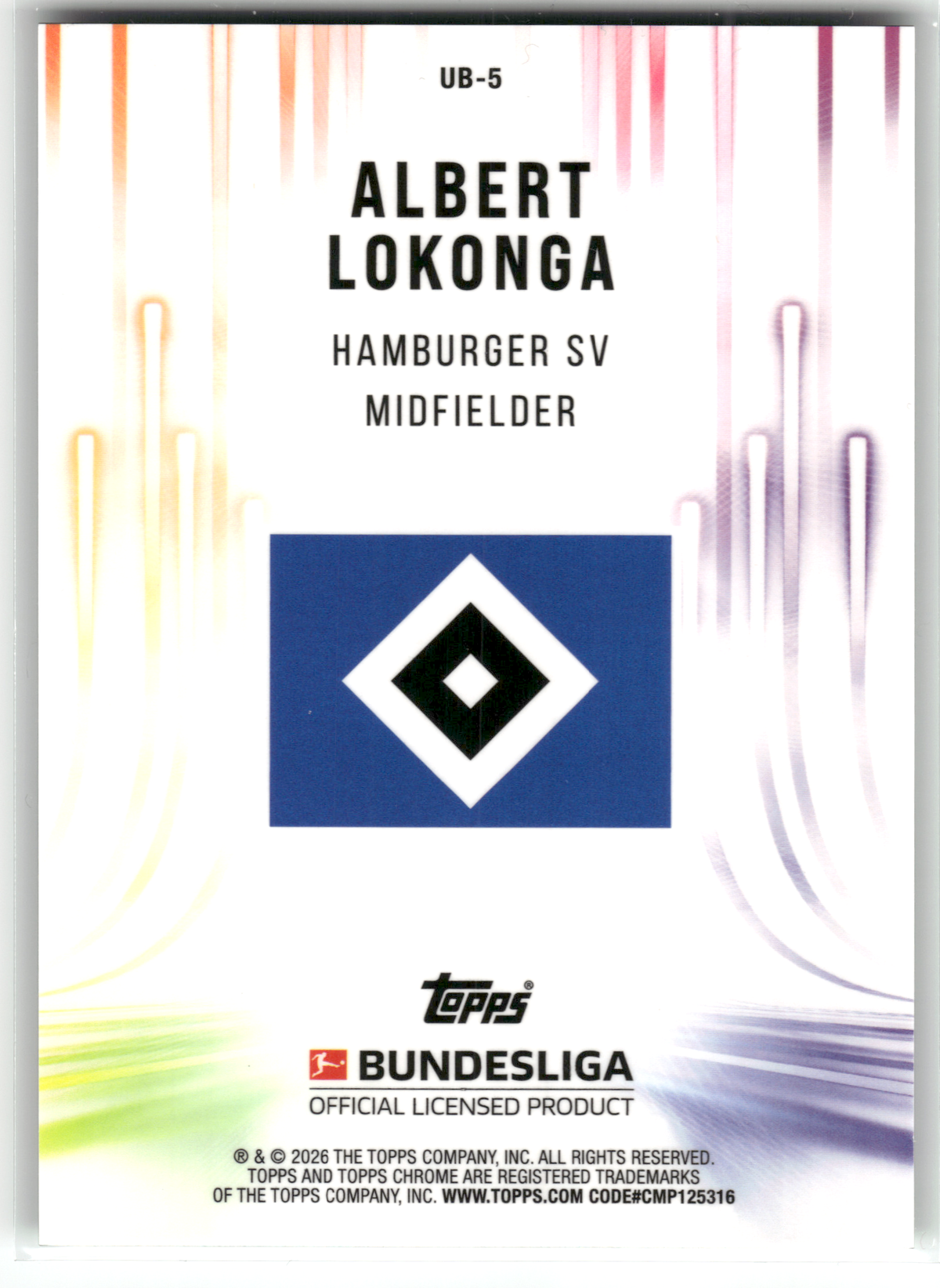 Fußball Albert Lokonga - 2025-26 Topps Chrome Bundesliga - Green Ultrabeam /99 - Hamburger SV #UB-5 Trading Card Original