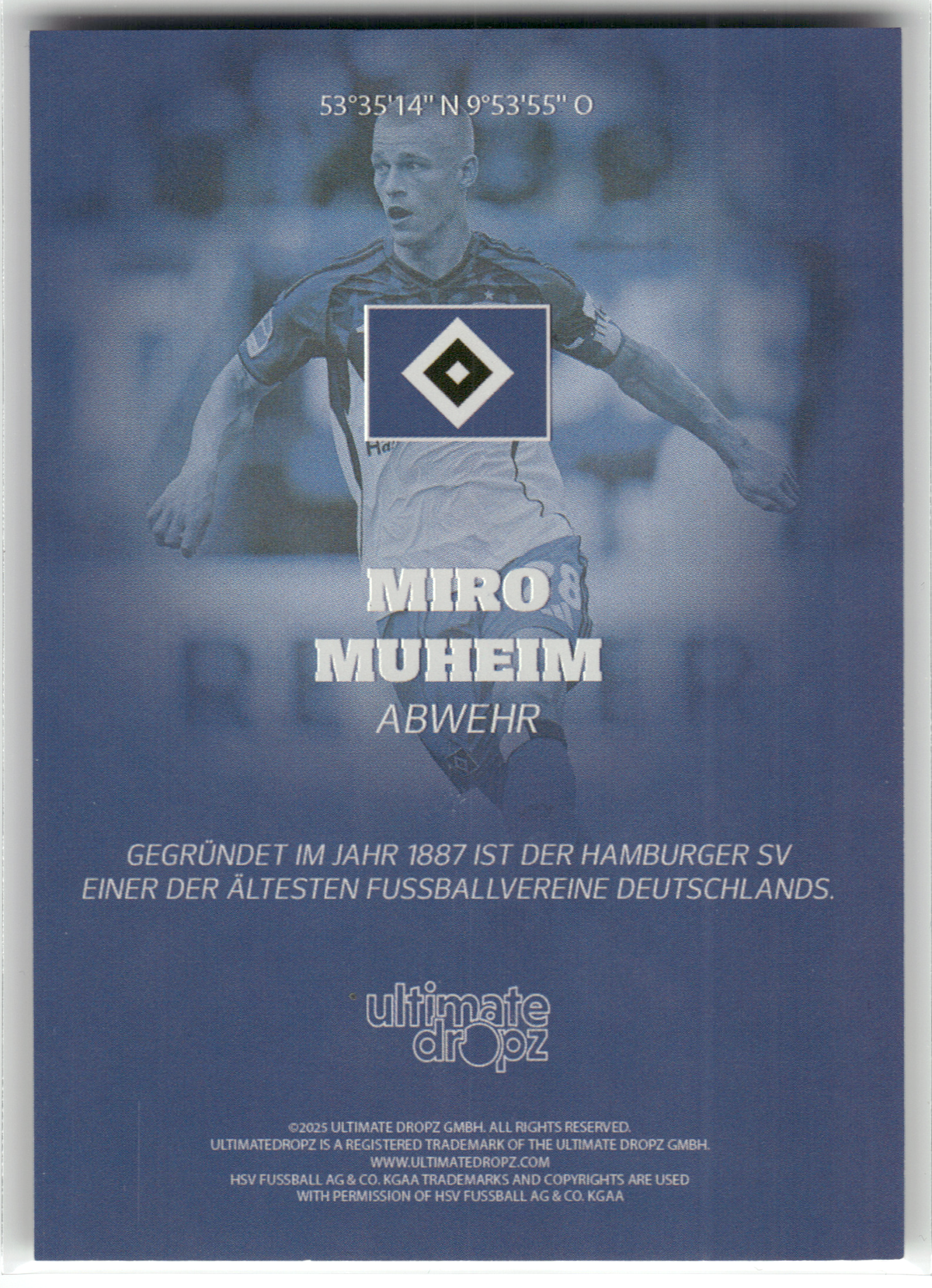 Fußball Miro Muheim - 2025 Ultimate Dropz HSV - /138 - Hamburger SV Trading Card Original