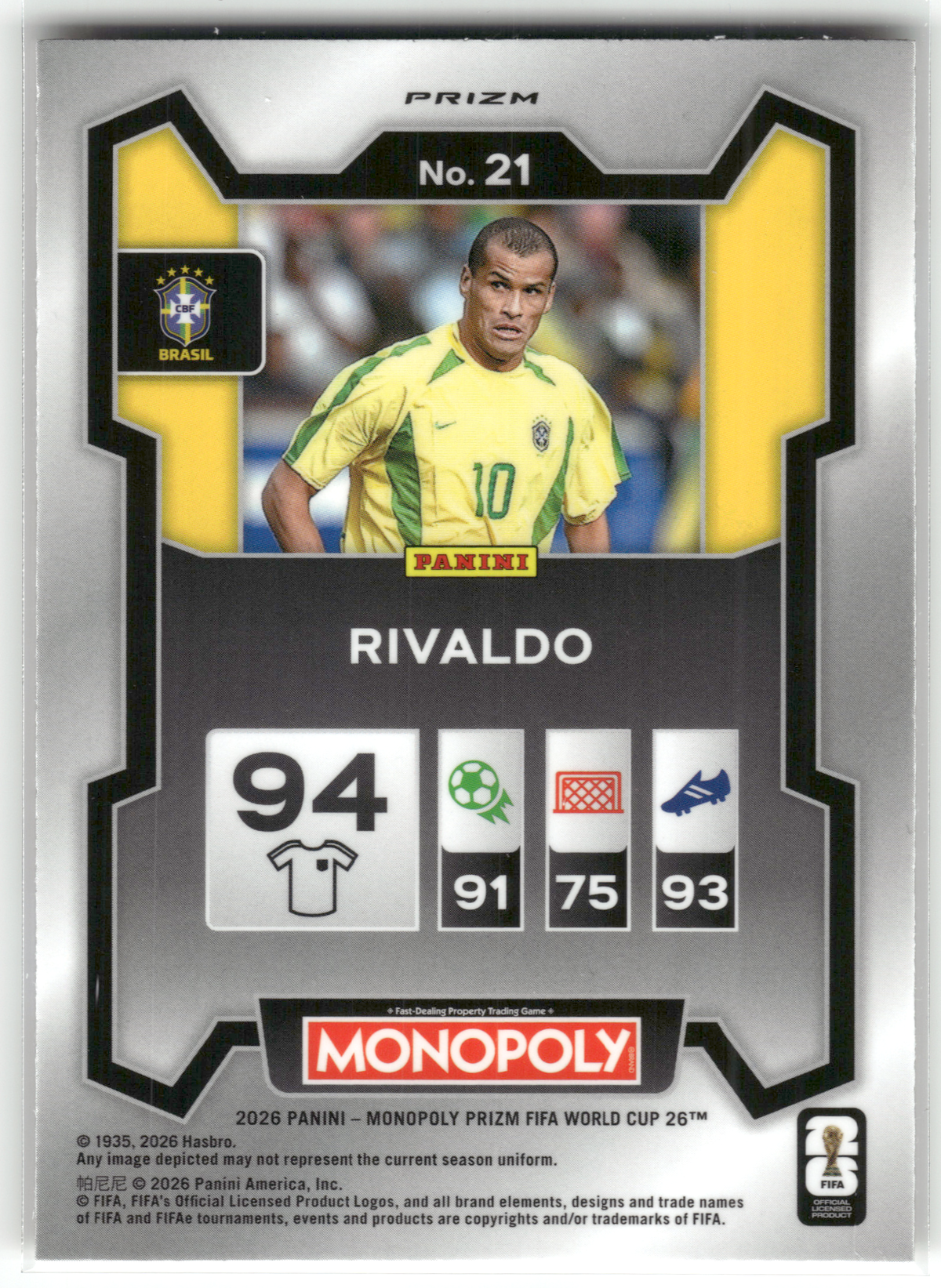 Fußball Rivaldo - 2026 Panini Monopoly Prizm FIFA World Cup 26 - Gold Cracked Ice - Brazil #21 Trading Card Original
