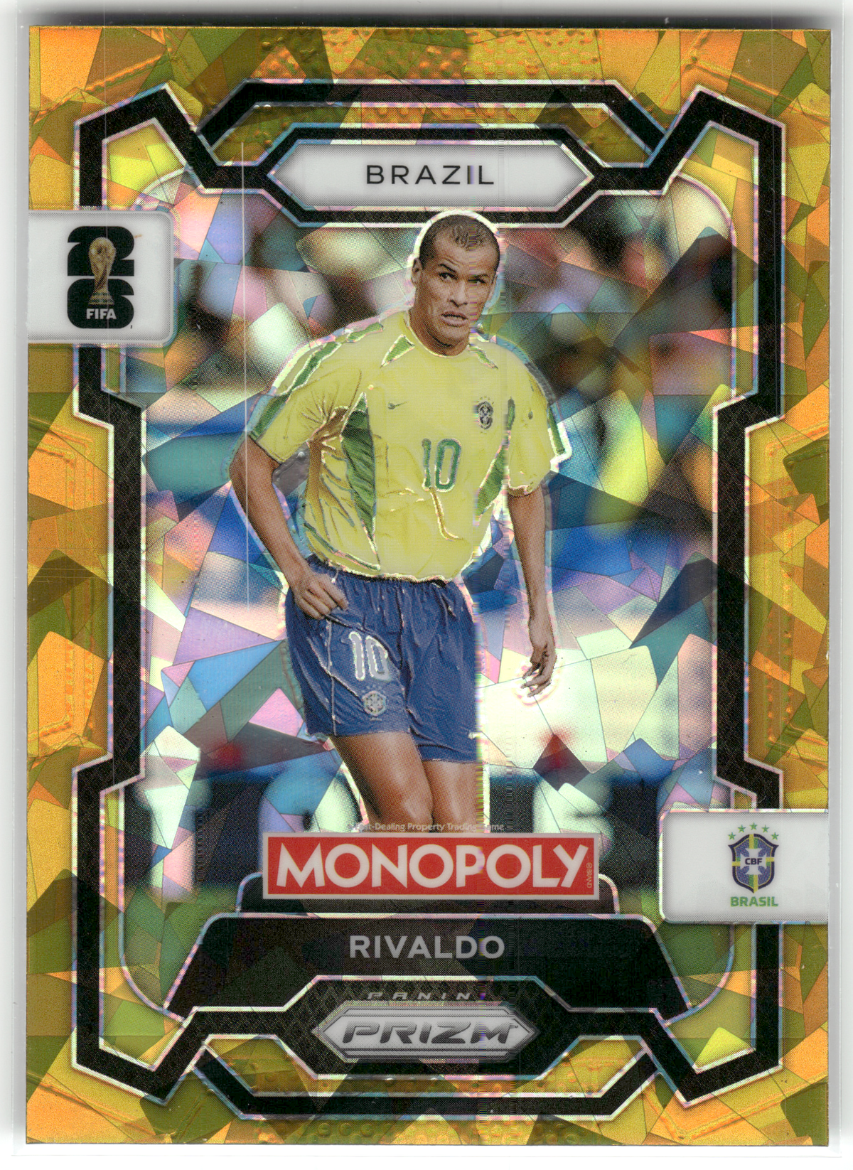 Fußball Rivaldo - 2026 Panini Monopoly Prizm FIFA World Cup 26 - Gold Cracked Ice - Brazil #21 Trading Card Original