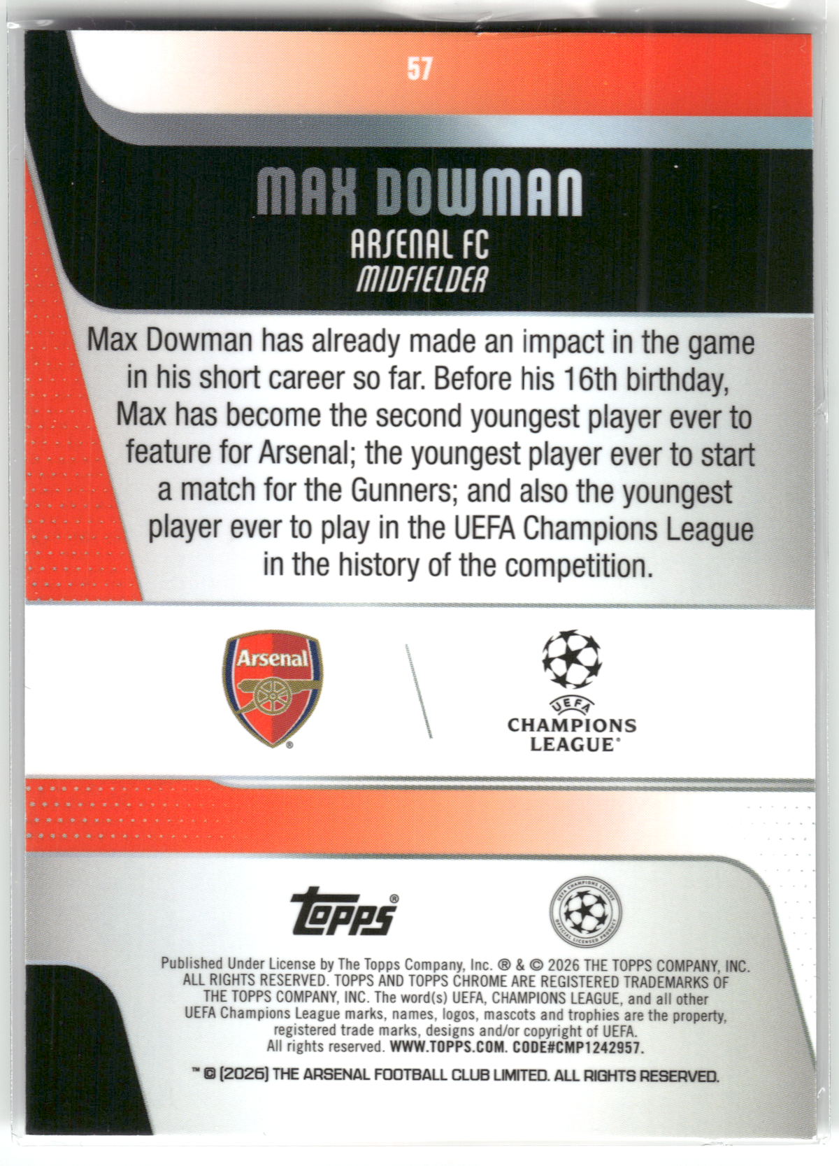 Fußball Max Dowman Rookie - 2025-26 Topps Chrome UEFA CL - Ray Wave Rookie - Arsenal FC #57 Trading Card Original