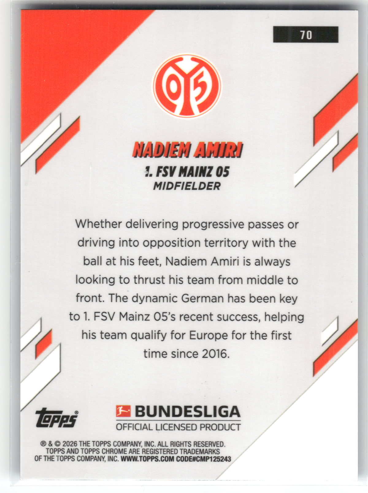 Fußball Nadiem Amiri - 2025-26 Topps Chrome Bundesliga - Blue Lava /150 - 1. FSV Mainz 05 #70 Trading Card Original