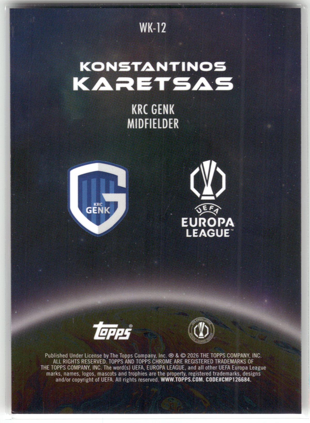 Fußball Konstantinos Karetsas Rookie - 2025-26 Topps Chrome UEFA Europa League - KRC Genk #WK-12 Trading Card Original