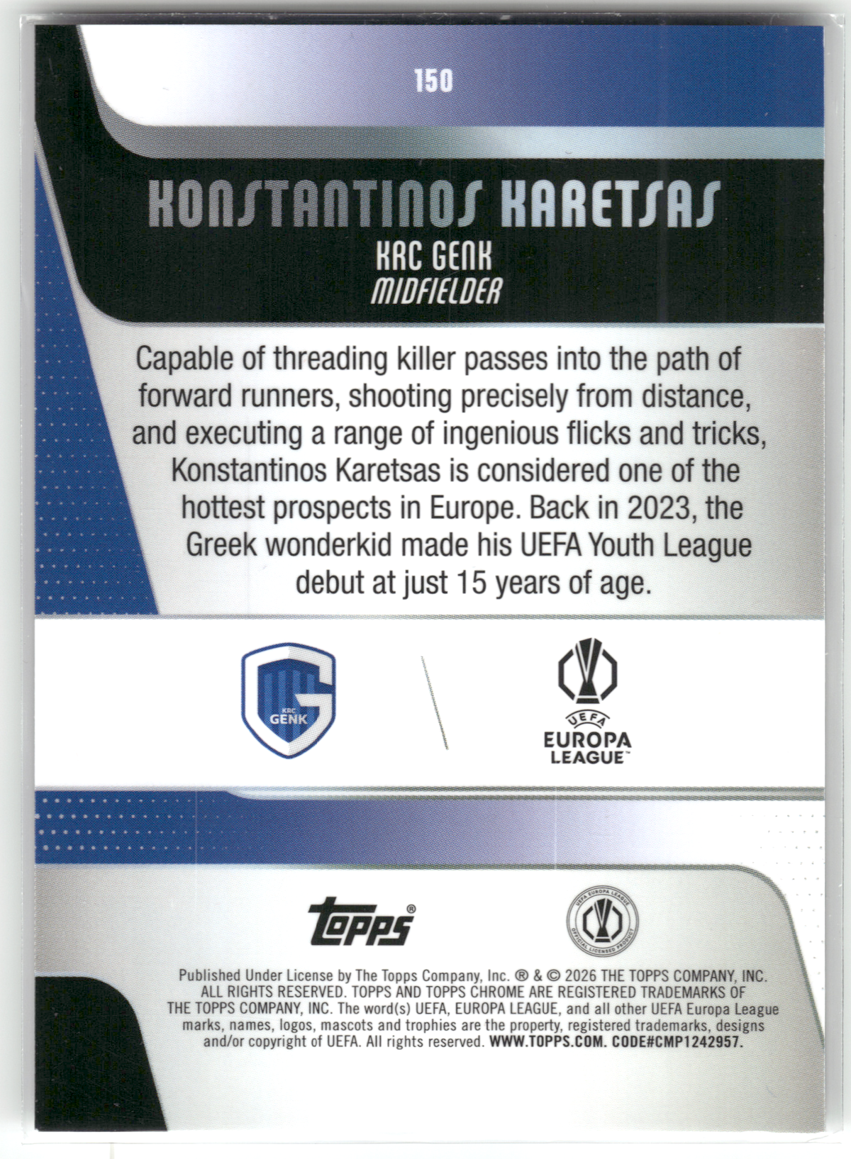 Fußball Konstantinos Karetsas Rookie - 2025-26 Topps Chrome UEFA Europa League - KRC Genk #150 Trading Card Original