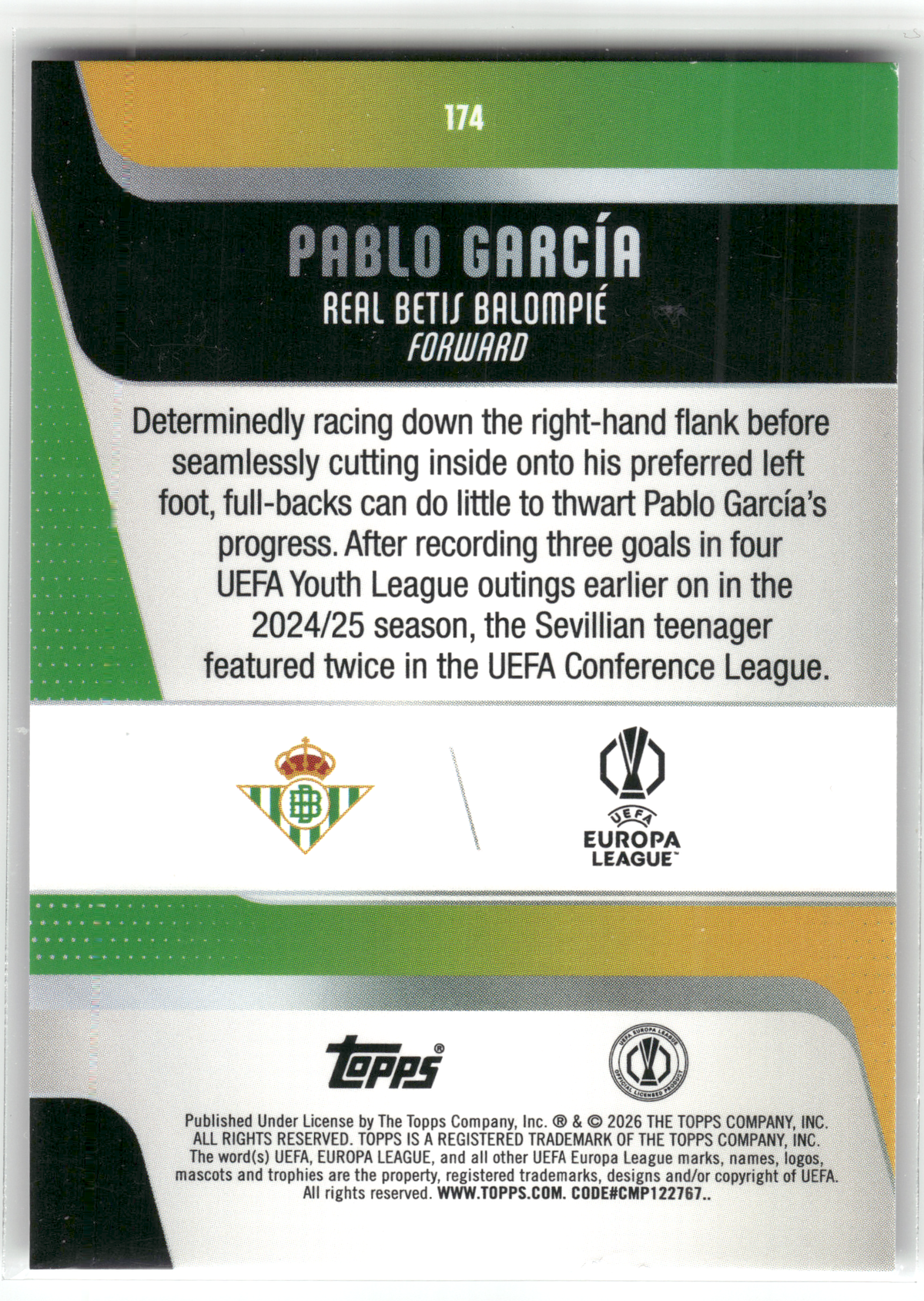 Fußball Pablo García Rookie - 2025-26 Topps UEFA Conference League - Purple Mini Diamonds Rookie /250 - Real Betis Balompié #174 Trading Card Original