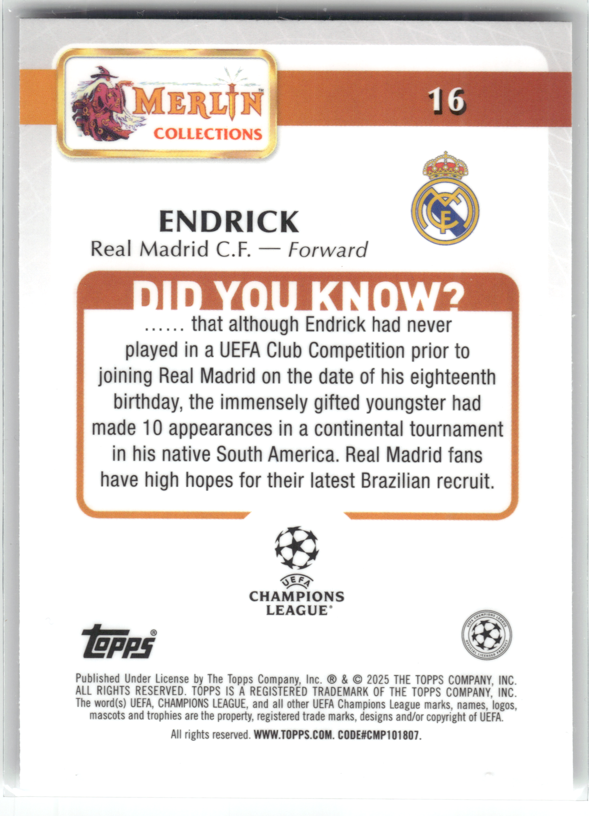 Fußball Endrick Rookie - 2024-25 Topps Merlin UEFA CL - Rookie - Real Madrid C.F. #16 Trading Card Original
