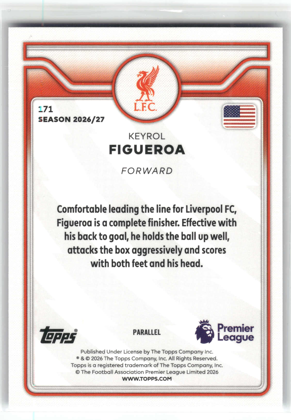 Fußball Keyrol Figueroa Rookie - 2026-27 Topps Premier League - Blue Cracked Ice /150 - Liverpool FC #171 Trading Card Original