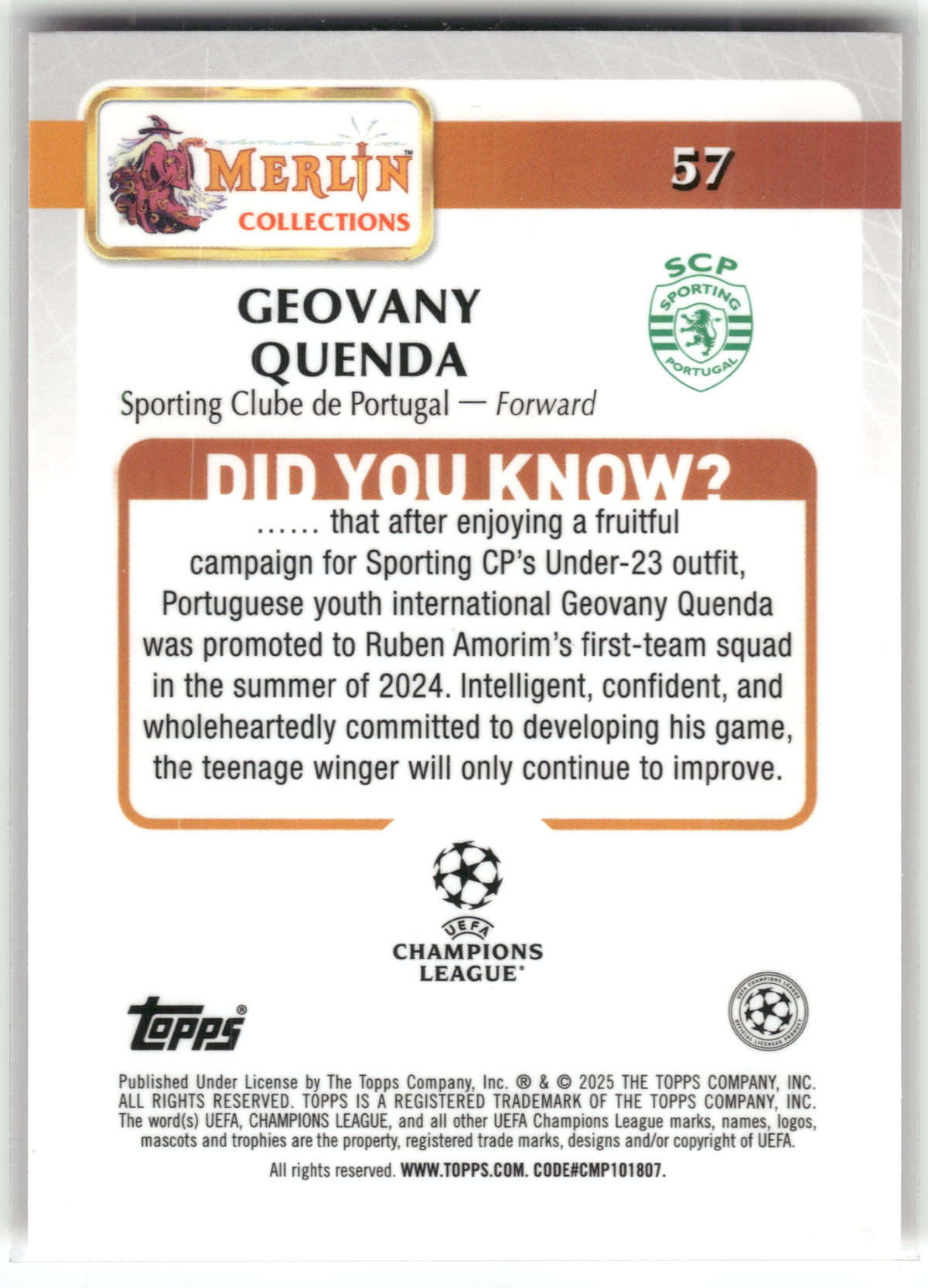 Fußball Geovany Quenda Rookie - 2024-25 Topps Merlin UEFA CL - Purple /125 - Sporting Clube de Portugal #57 Trading Card Original