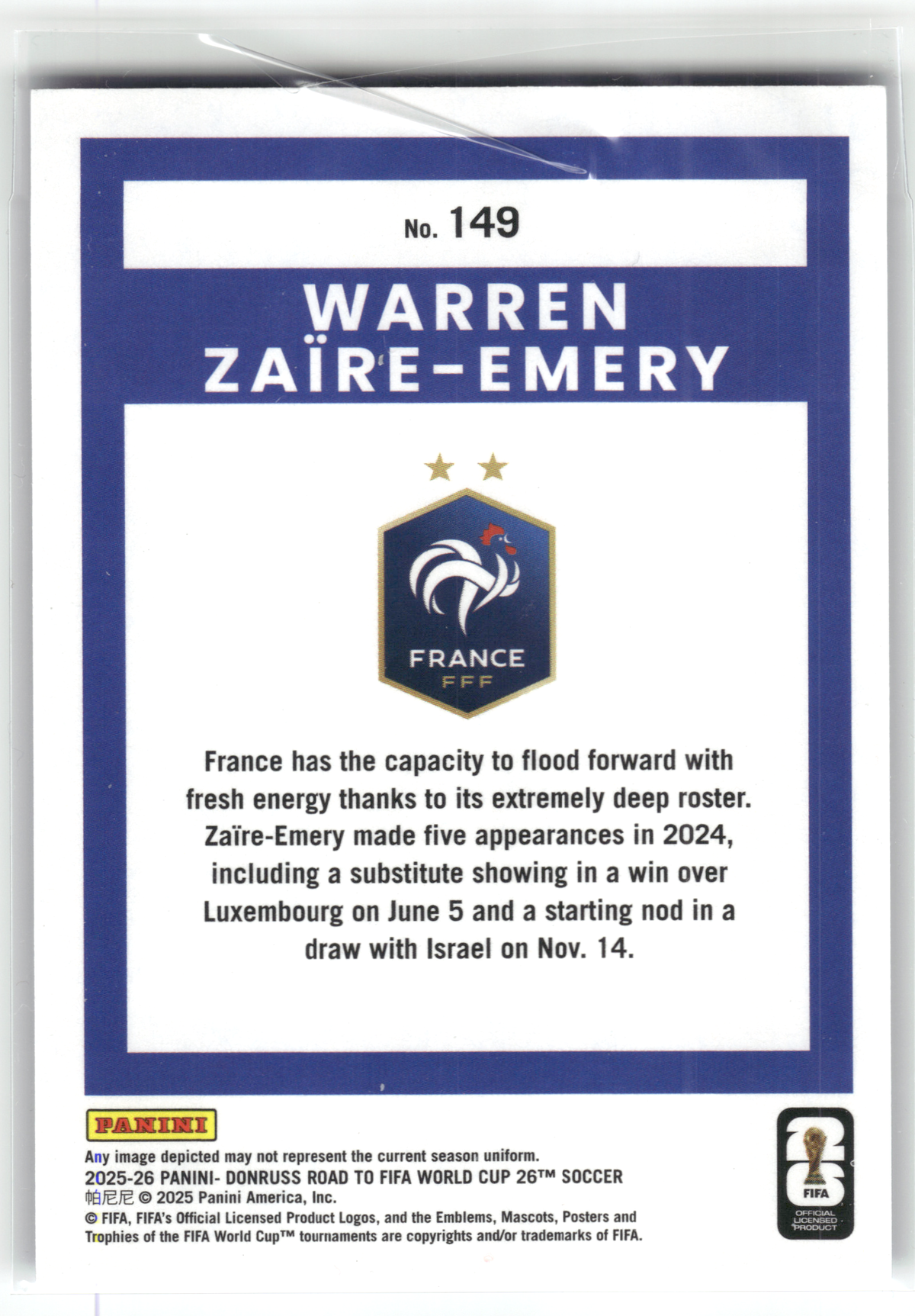 Fußball Warren Zaïre-Emery - 2025-26 Panini Donruss Road to FIFA World Cup 26 Soccer - True Blue /205 - France #149 Trading Card Original