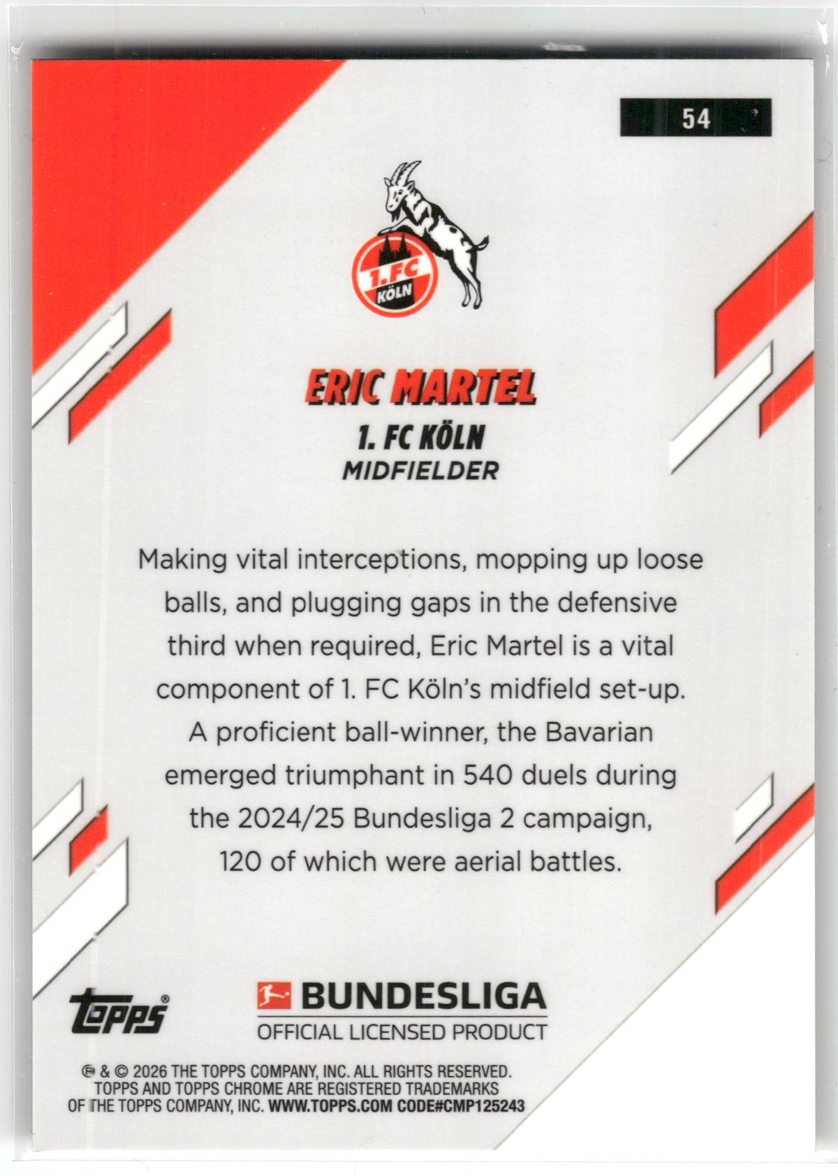 Fußball Eric Martel - 2025-26 Topps Chrome Bundesliga - True Gold /50 - 1. FC Köln #54 Trading Card Original