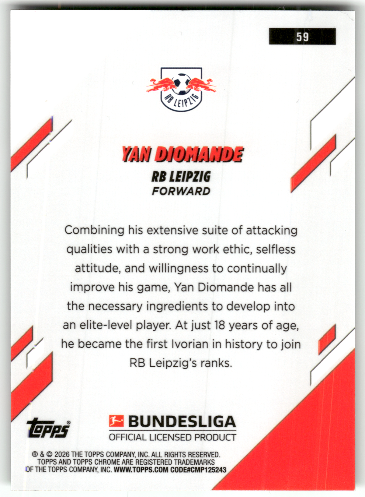 Fußball Yan Diomande Rookie - 2025-26 Topps Chrome Bundesliga - /99 - RB Leipzig #59 Trading Card Original