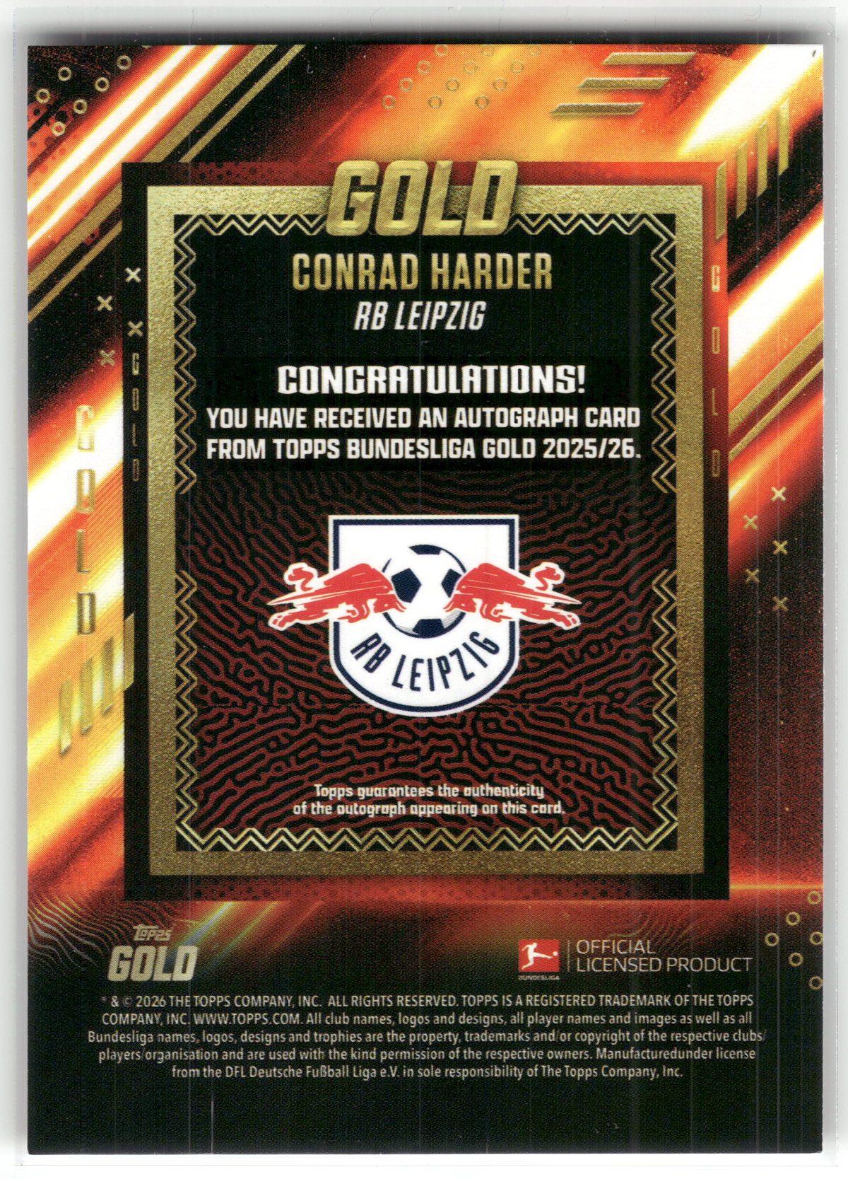Fußball Conrad Harder - 2025-26 Topps Bundesliga Gold - True Orange Auto /25 - RB Leipzig Trading Card Original