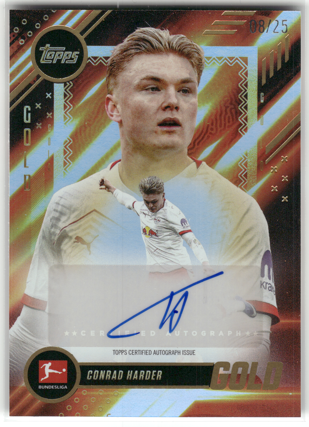 Fußball Conrad Harder - 2025-26 Topps Bundesliga Gold - True Orange Auto /25 - RB Leipzig Trading Card Original