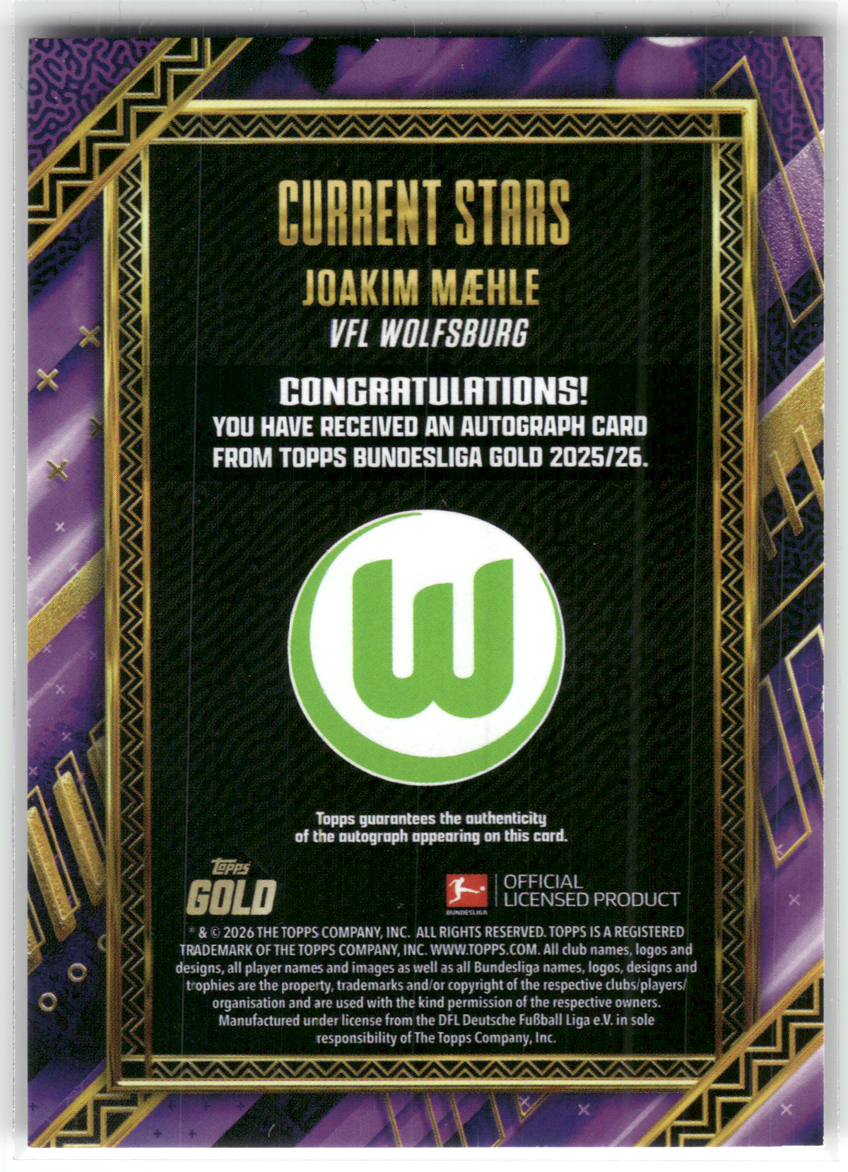 Fußball Joakim Mæhle - 2025-26 Topps Bundesliga Gold - True Purple Auto /50 - VFL Wolfsburg Trading Card Original