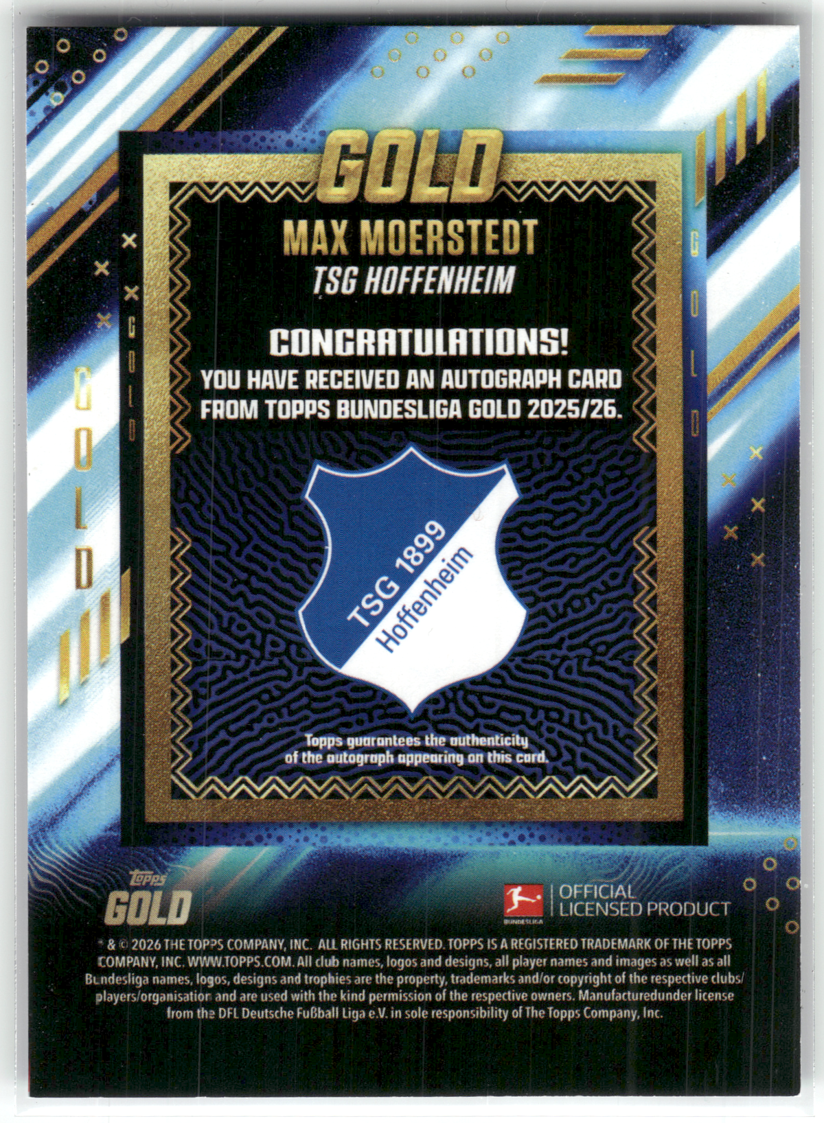 Fußball Max Moerstedt - 2025-26 Topps Bundesliga Gold - True Blue Auto /99 - TSG Hoffenheim Trading Card Original