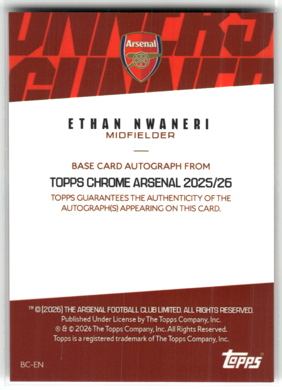 Fußball Ethan Nwaneri - 2025-26 Topps Chrome Arsenal 2025/26 - Auto - Arsenal #BC-EN Trading Card Original