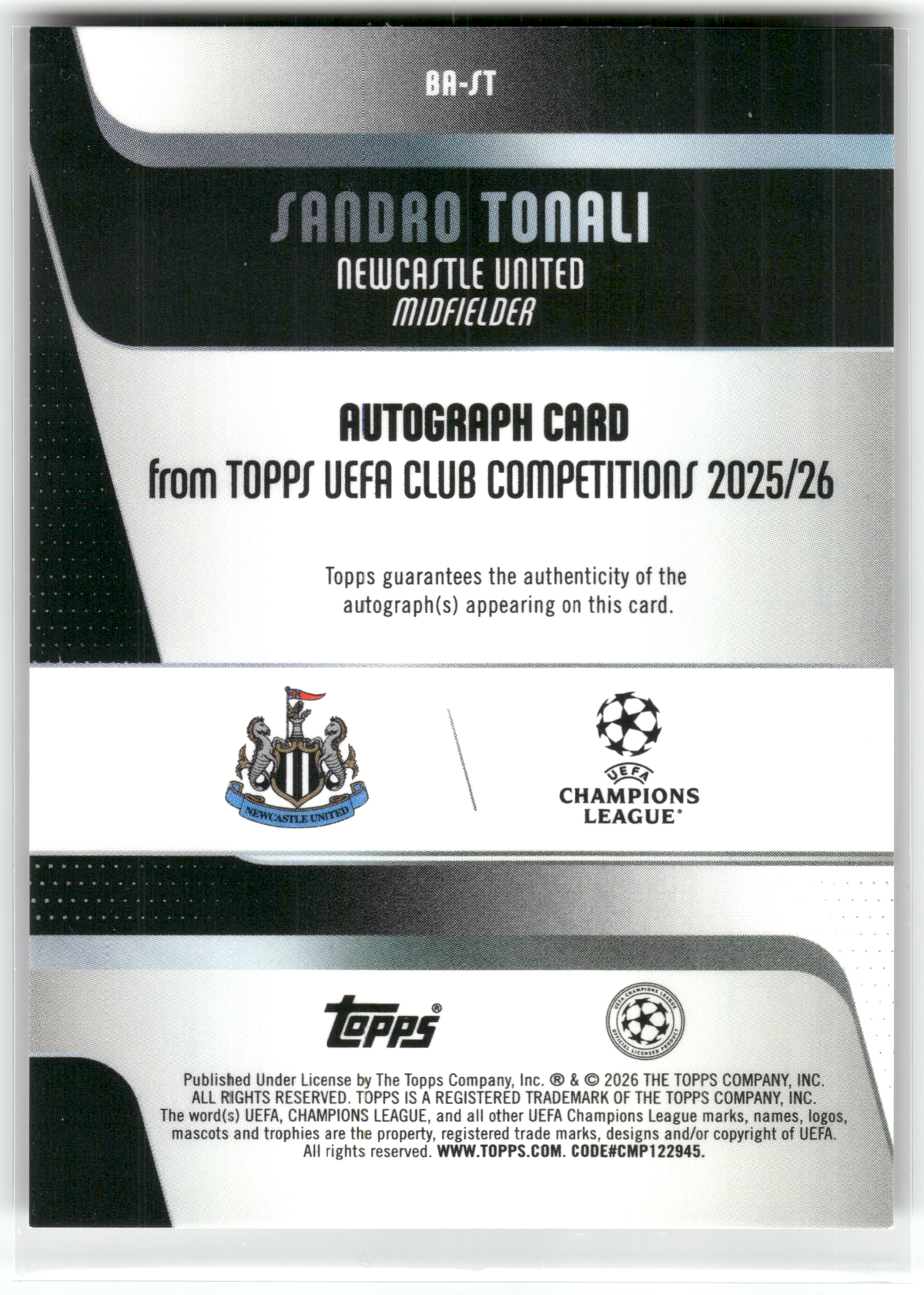 Fußball Sandro Tonali - 2025-26 Topps UEFA UCC 2025/26 - Black  Refractor Auto /10 - Newcastle United #BA-ST Trading Card Original