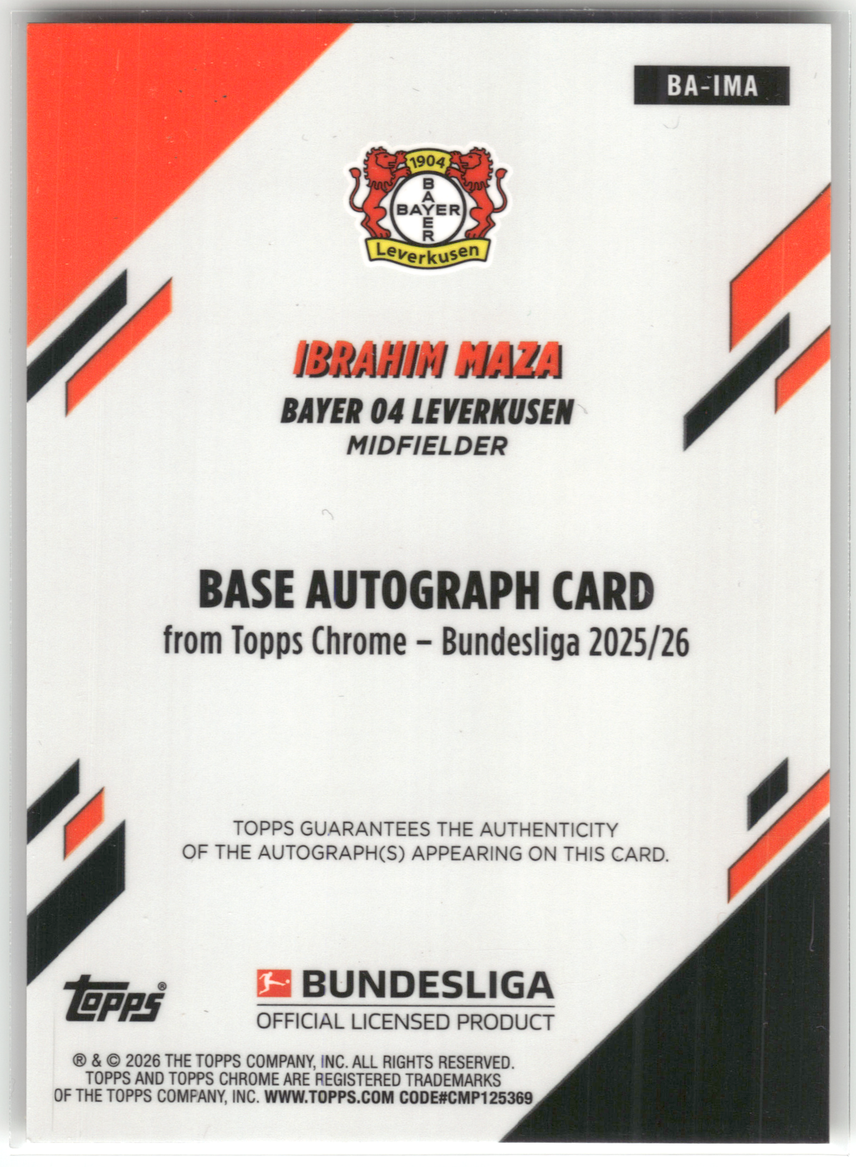 Fußball Ibrahim Maza - 2025-26 Topps Chrome Bundesliga - Gold Wave Auto /50 - Bayer 04 Leverkusen #BA-IMA Trading Card Original