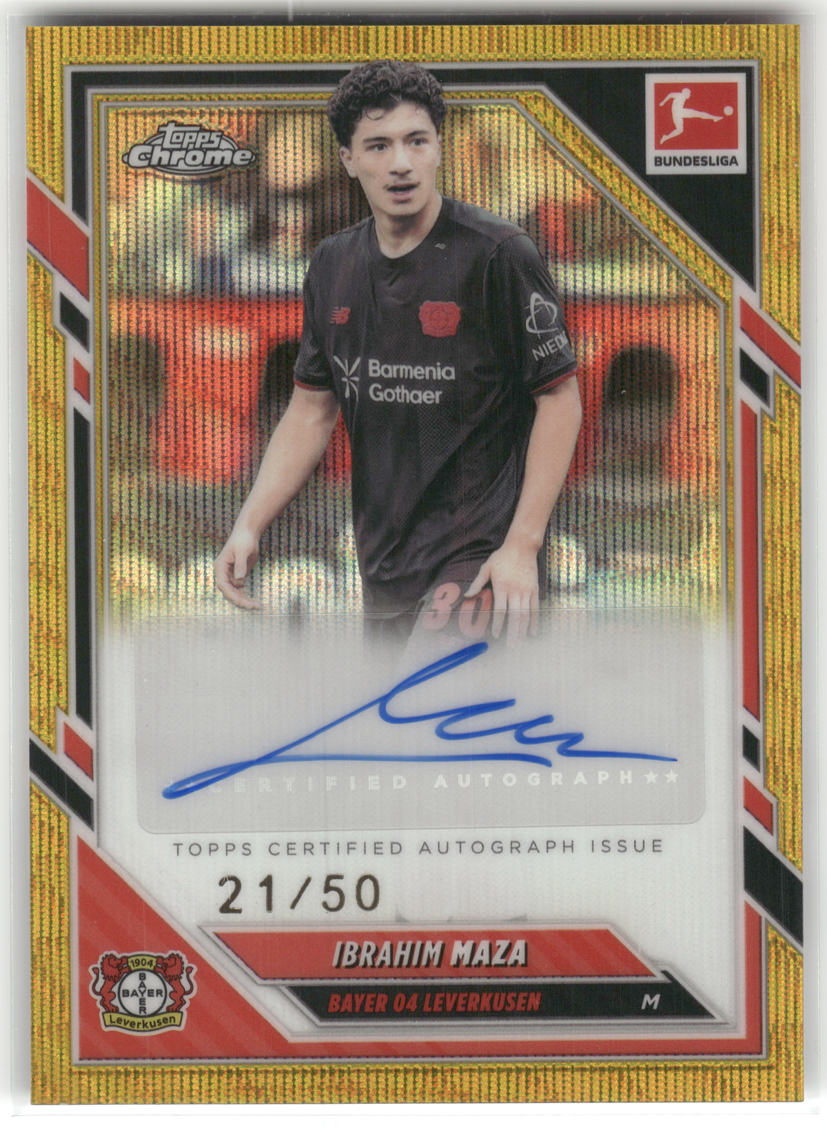 Fußball Ibrahim Maza - 2025-26 Topps Chrome Bundesliga - Gold Wave Auto /50 - Bayer 04 Leverkusen #BA-IMA Trading Card Original