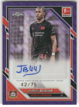 Fußball Jeanuël Belocian - 2025-26 Topps Chrome Bundesliga - Purple Wave Auto /75 - Bayer 04 Leverkusen #BA-JBE Trading Card Original
