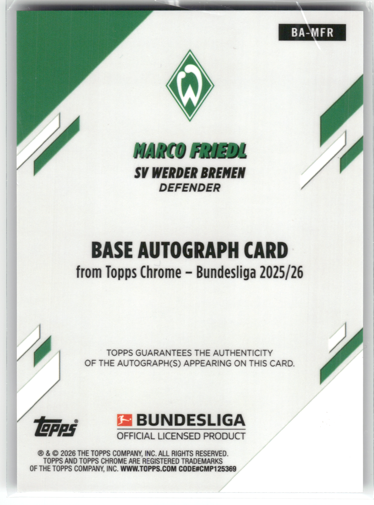 Fußball Marco Friedl - 2025-26 Topps Chrome Bundesliga - Purple Wave Auto /75 - SV Werder Bremen #BA-MFR Trading Card Original