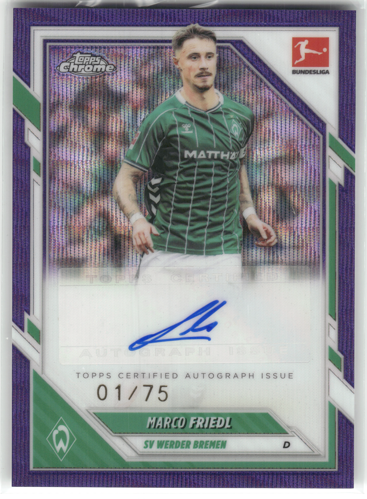 Fußball Marco Friedl - 2025-26 Topps Chrome Bundesliga - Purple Wave Auto /75 - SV Werder Bremen #BA-MFR Trading Card Original