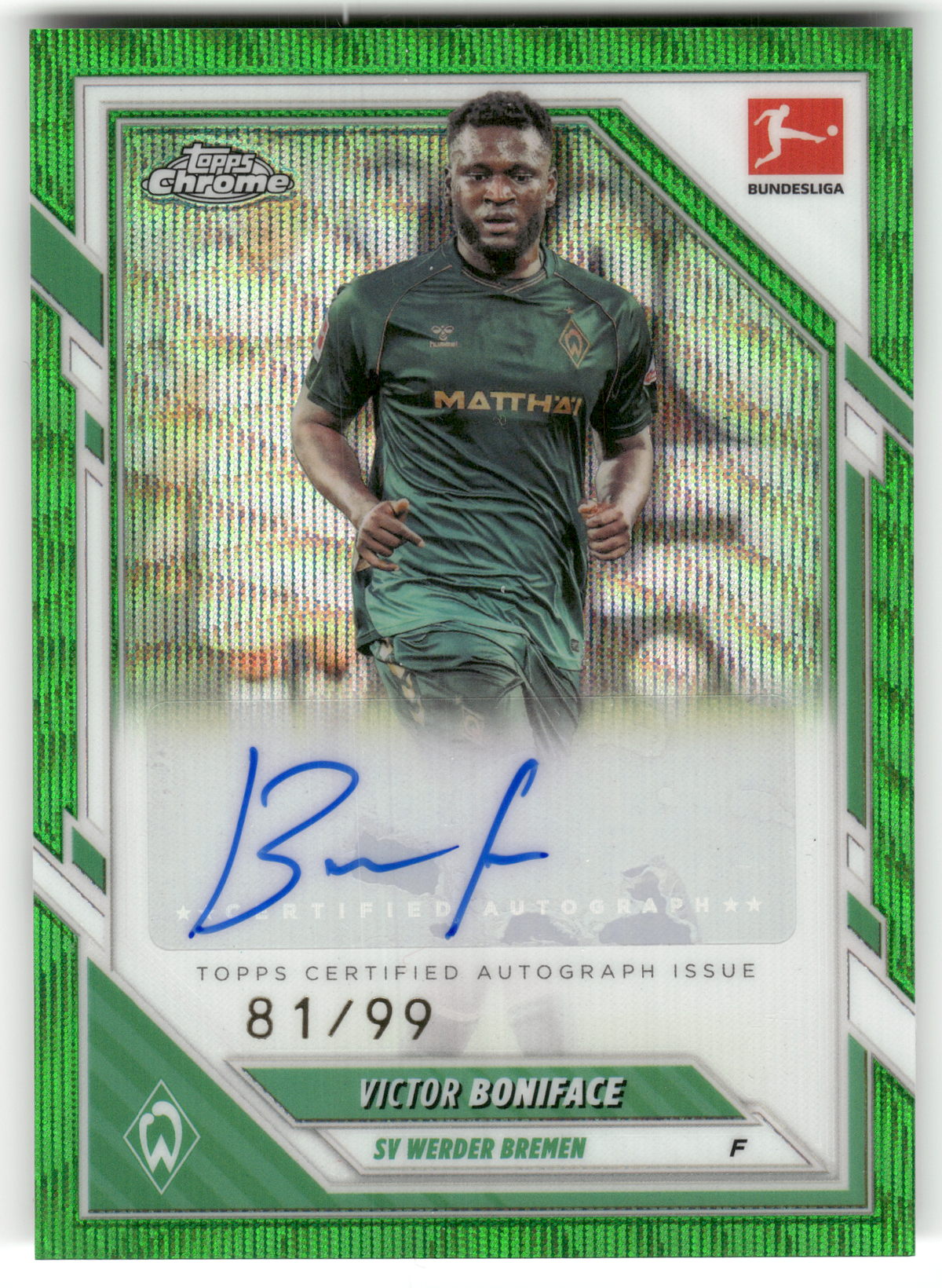 Fußball Victor Boniface - 2025-26 Topps Chrome Bundesliga - Green Wave Color Match Auto /99 - SV Werder Bremen #BA-VBO Trading Card Original