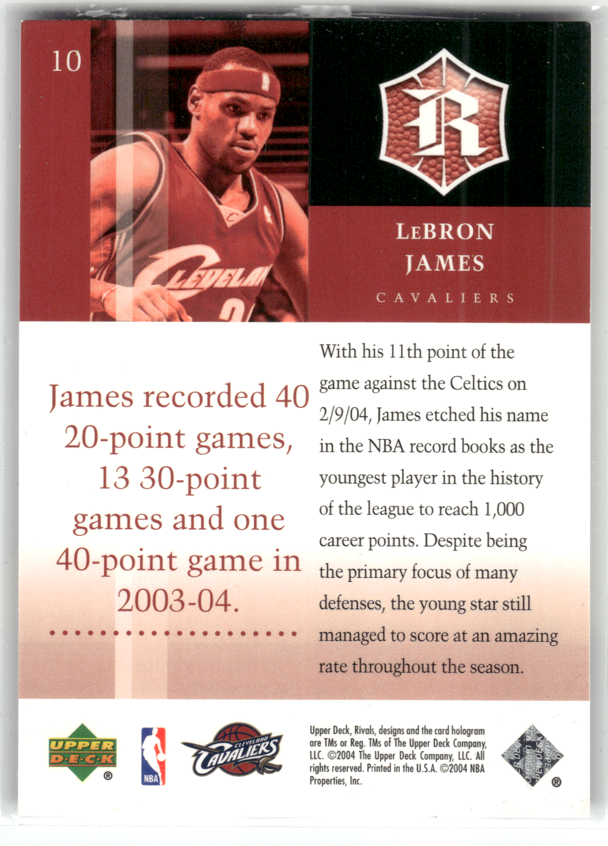 Basketball NBA LeBron James - 2004 Upper Deck Rivals - Cleveland Cavaliers #10 Trading Card Original