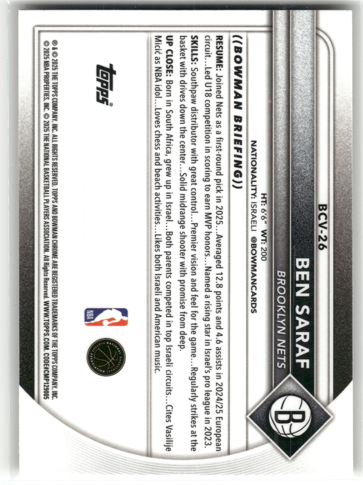Basketball NBA Ben Saraf Rookie - 2024-25 Bowman Chrome - Yellow Rookie /75 - Brooklyn Nets #BCV-26 Trading Card Original