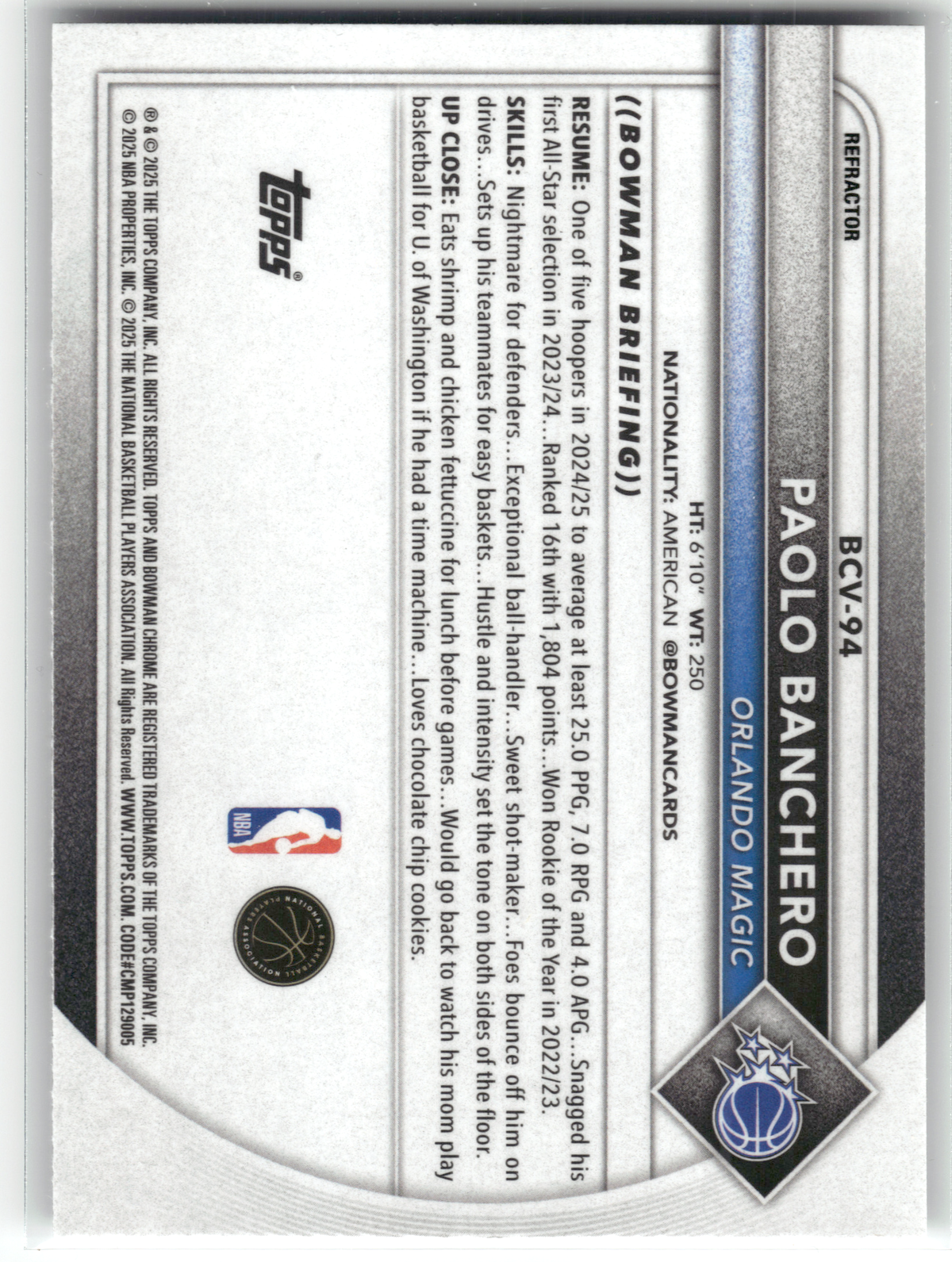 Basketball NBA Paolo Banchero - 2024-25 Bowman Chrome - Refractor /499 - Orlando Magic #BCV-94 Trading Card Original