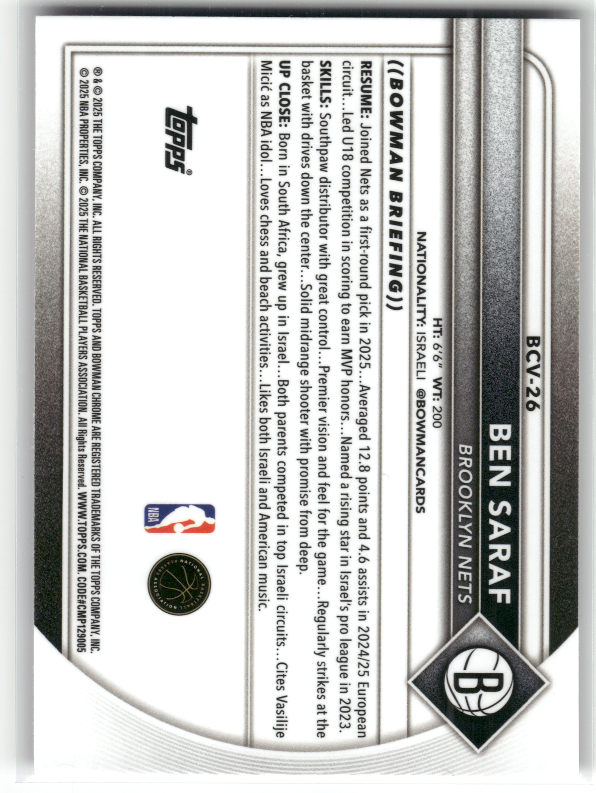 Basketball NBA Ben Saraf Rookie - 2025 Bowman Chrome - Purple Rookie /199 - Brooklyn Nets #BCV-26 Trading Card Original