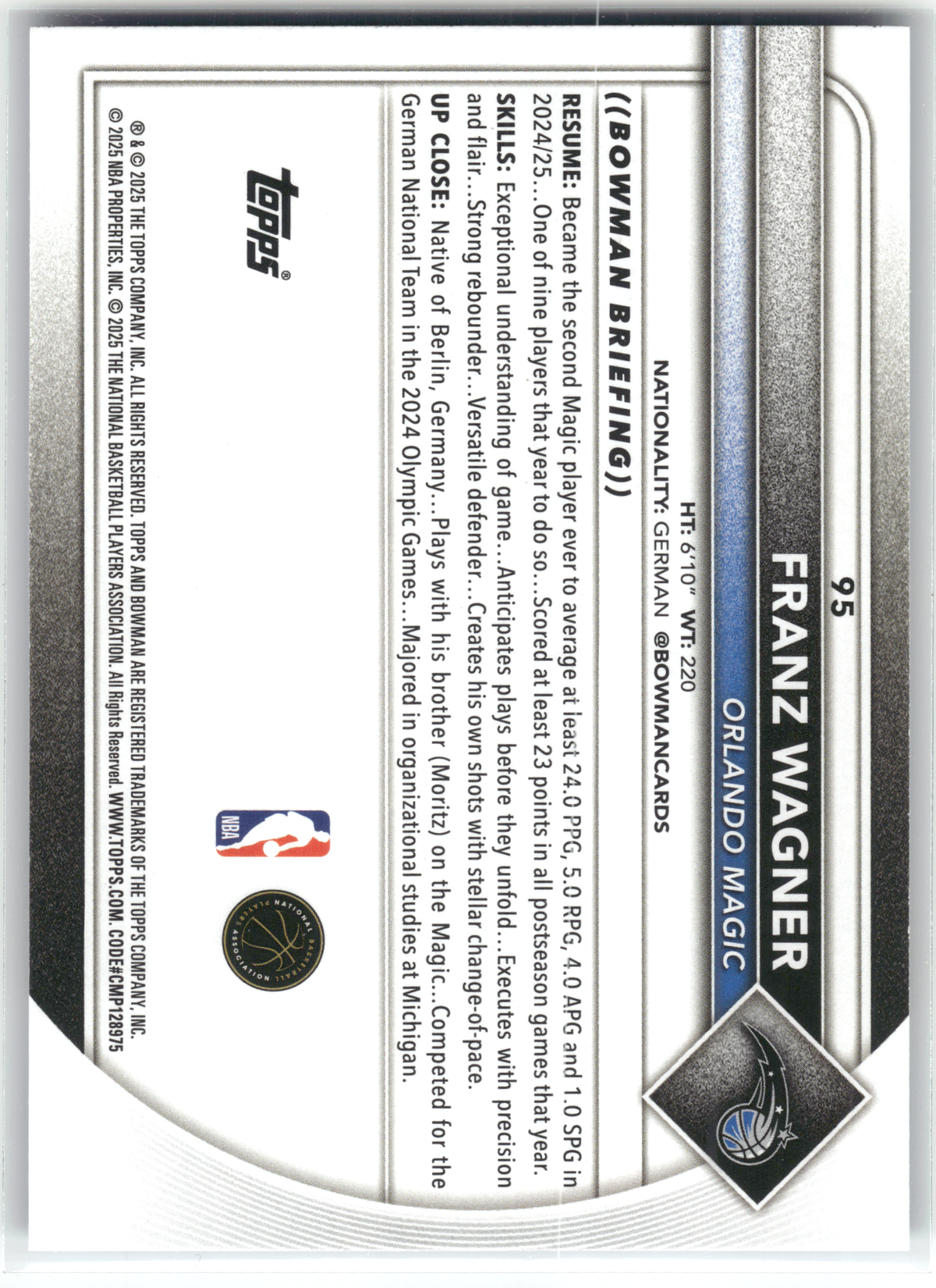 Basketball NBA Franz Wagner - 2024-25 Bowman University Best - True Blue Bowman /150 - Orlando Magic #95 Trading Card Original