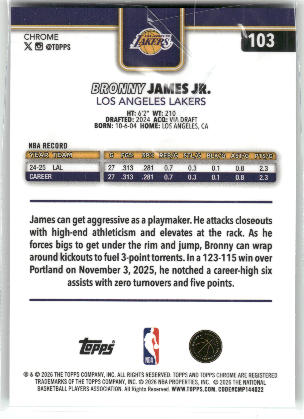 Basketball NBA Bronny James Jr. - 2025-26 Topps Chrome - Green Wave /99 - Los Angeles Lakers #103 Trading Card Original