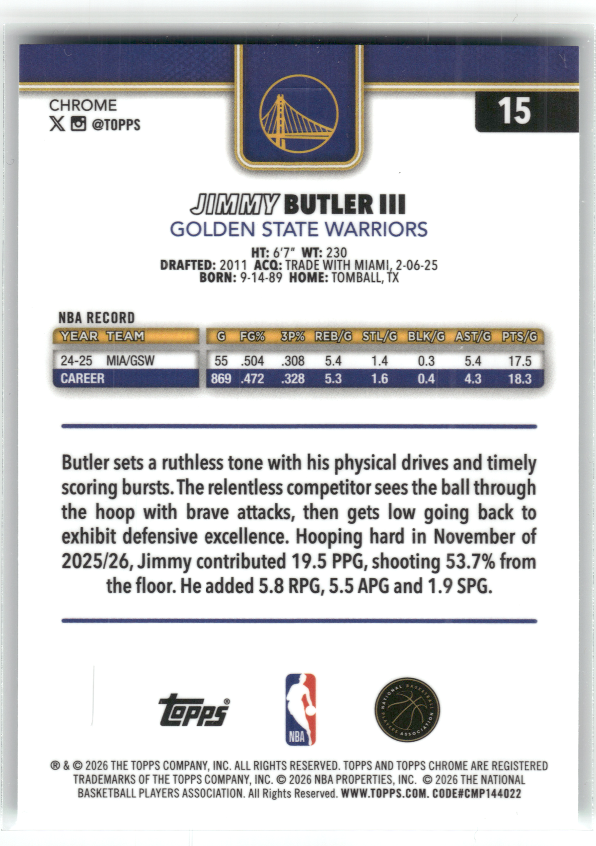 Basketball NBA Jimmy Butler III - 2025-26 Topps Chrome - True Aqua /199 - Golden State Warriors #15 Trading Card Original