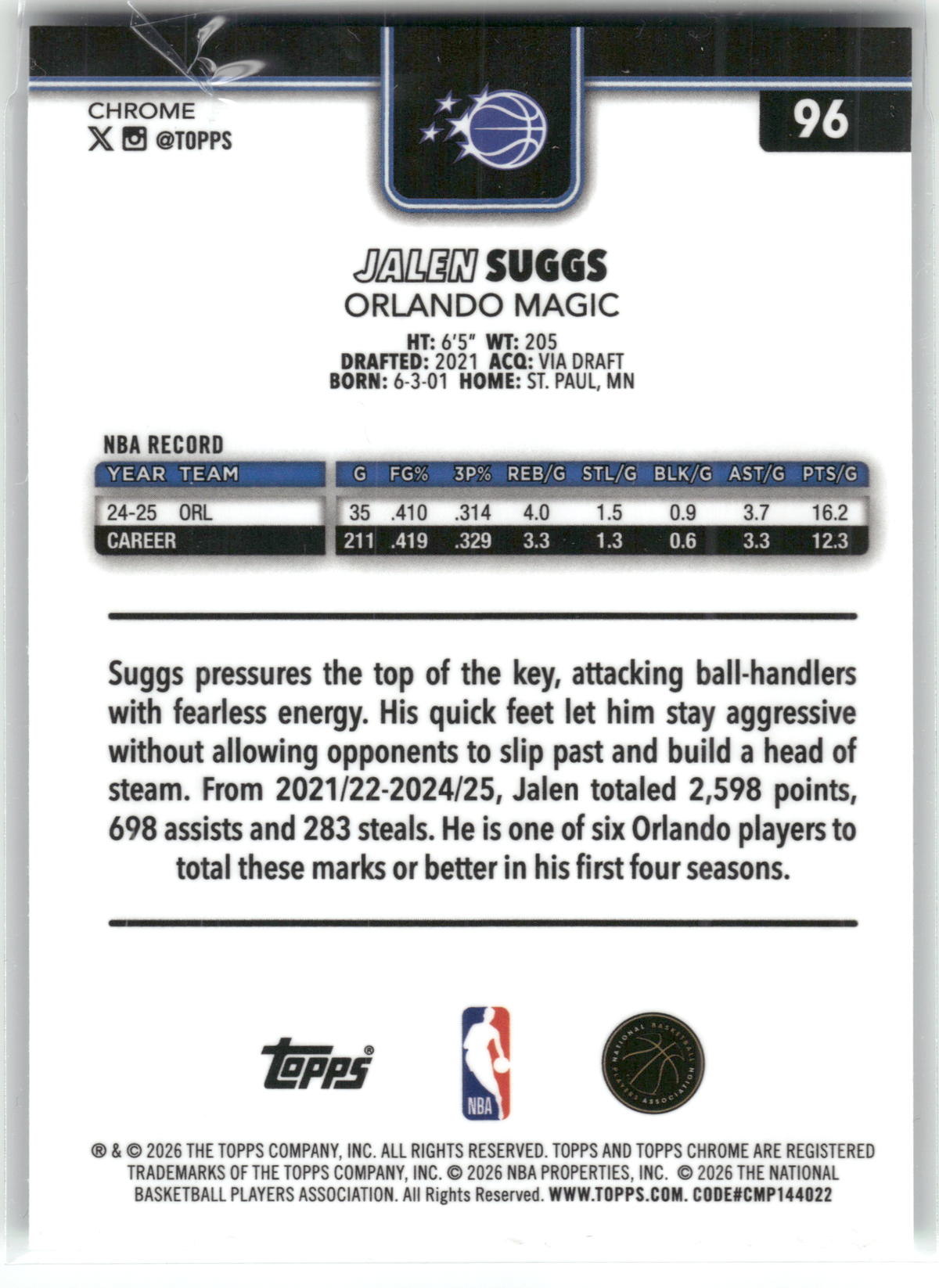 Basketball NBA Jalen Suggs - 2025-26 Topps Chrome - Aqua Wave /199 - Orlando Magic #96 Trading Card Original