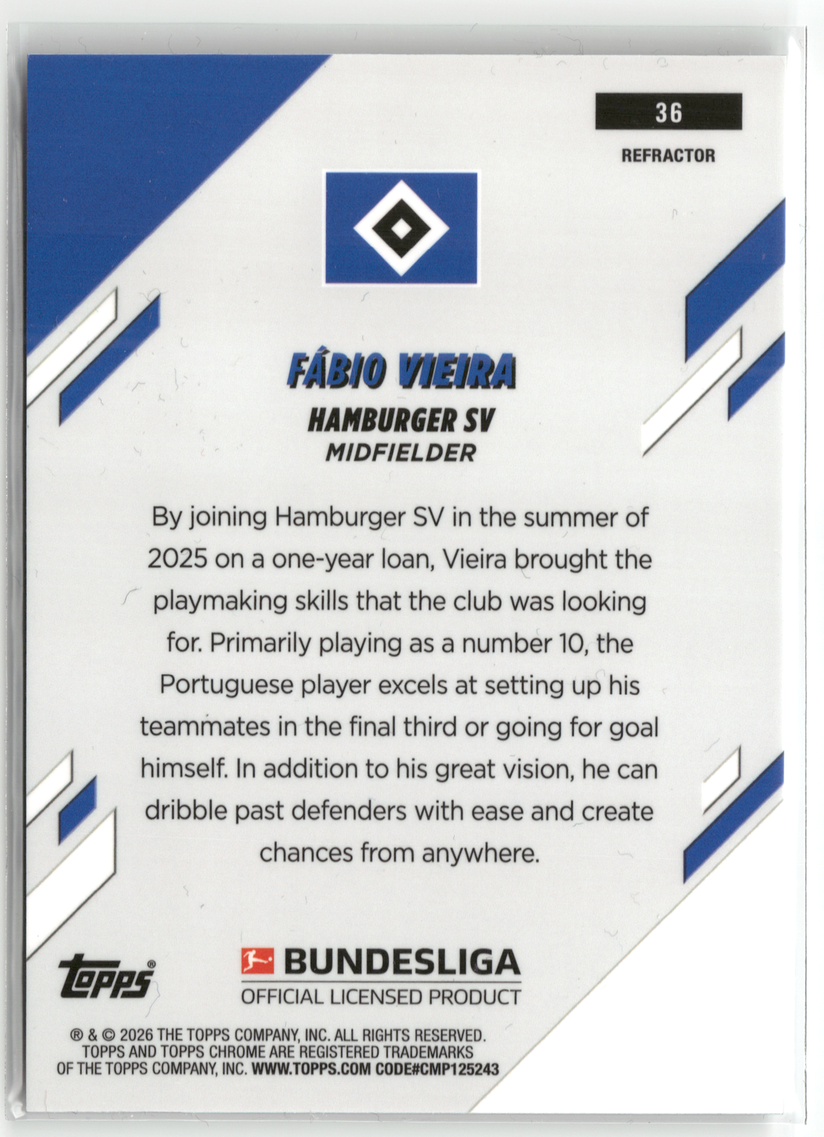 Fußball Fábio Vieira - 2025-26 Topps Chrome Bundesliga - Refractor - Hamburger SV #36 Trading Card Original