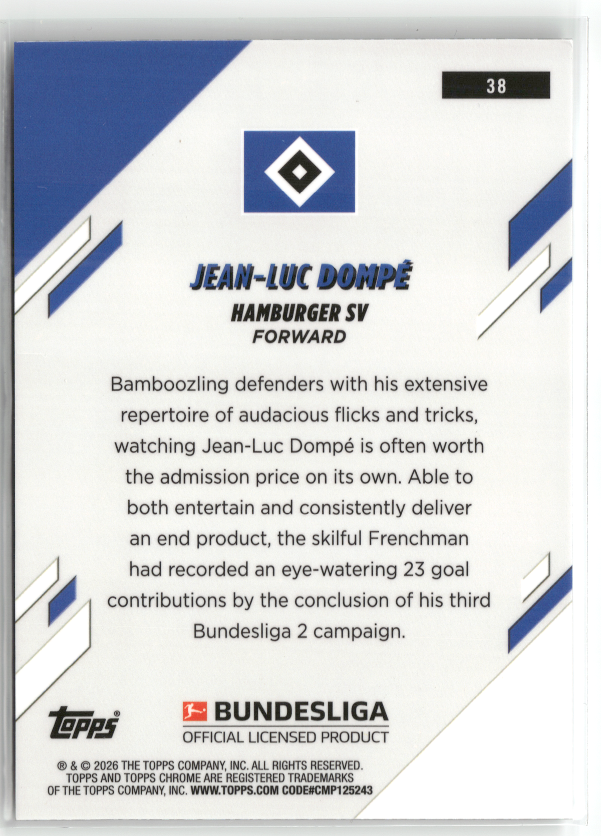 Fußball Jean-Luc Dompé - 2025-26 Topps Chrome Bundesliga - Toppsfractor /52 - Hamburger SV #38 Trading Card Original