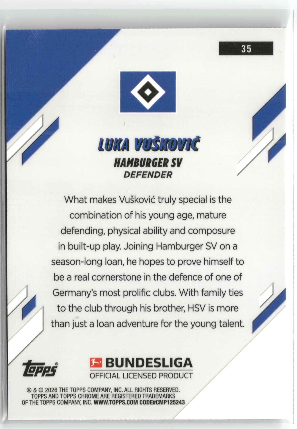 Fußball Luka Vušković Rookie - 2025-26 Topps Chrome Bundesliga - Pulsar Rookie - Hamburger SV #35 Trading Card Original