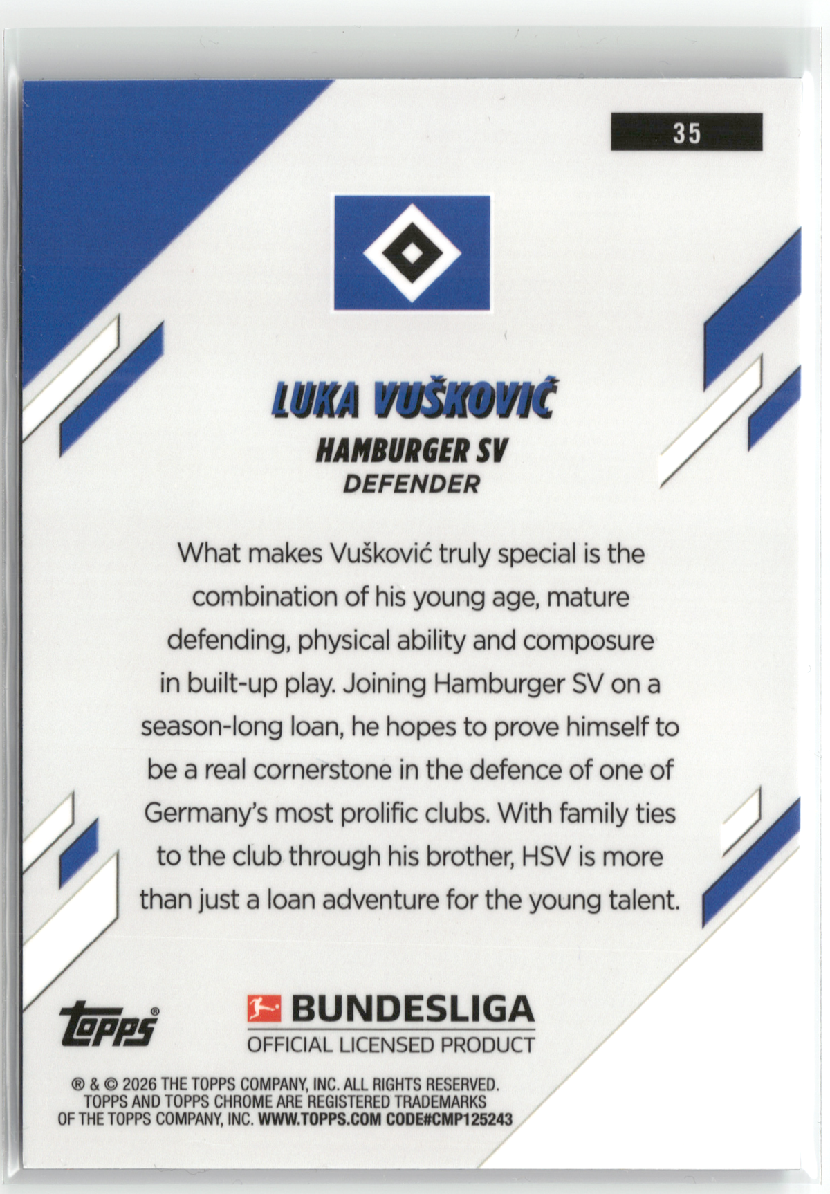 Fußball Luka Vušković Rookie - 2025-26 Topps Chrome Bundesliga - True Blue /150 Rookie - Hamburger SV #35 Trading Card Original