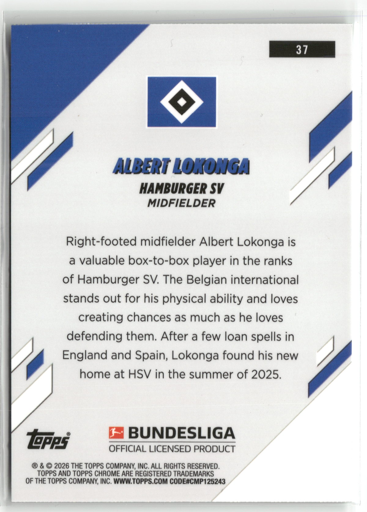 Fußball Albert Lokonga - 2025-26 Topps Chrome Bundesliga - Green Wave /99 - Hamburger SV #37 Trading Card Original