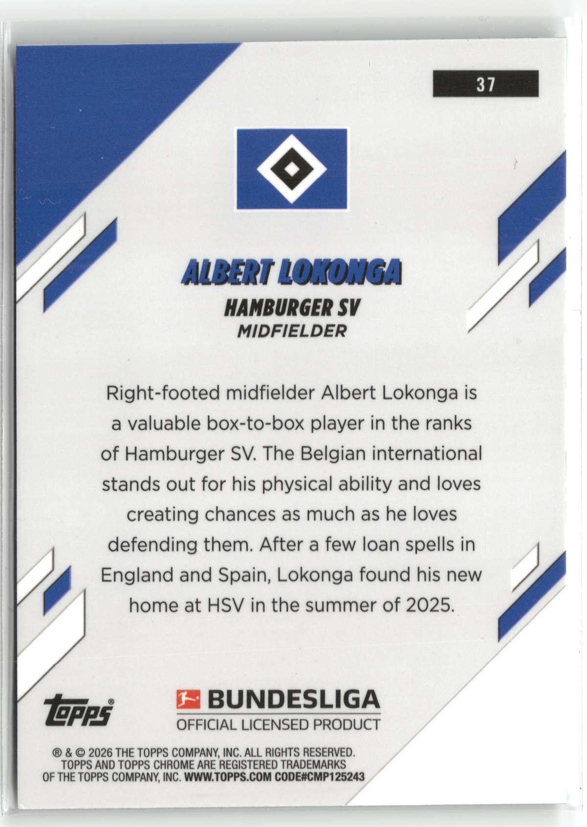 Fußball Albert Lokonga - 2025-26 Topps Chrome Bundesliga - True Aqua /199 - Hamburger SV #37 Trading Card Original