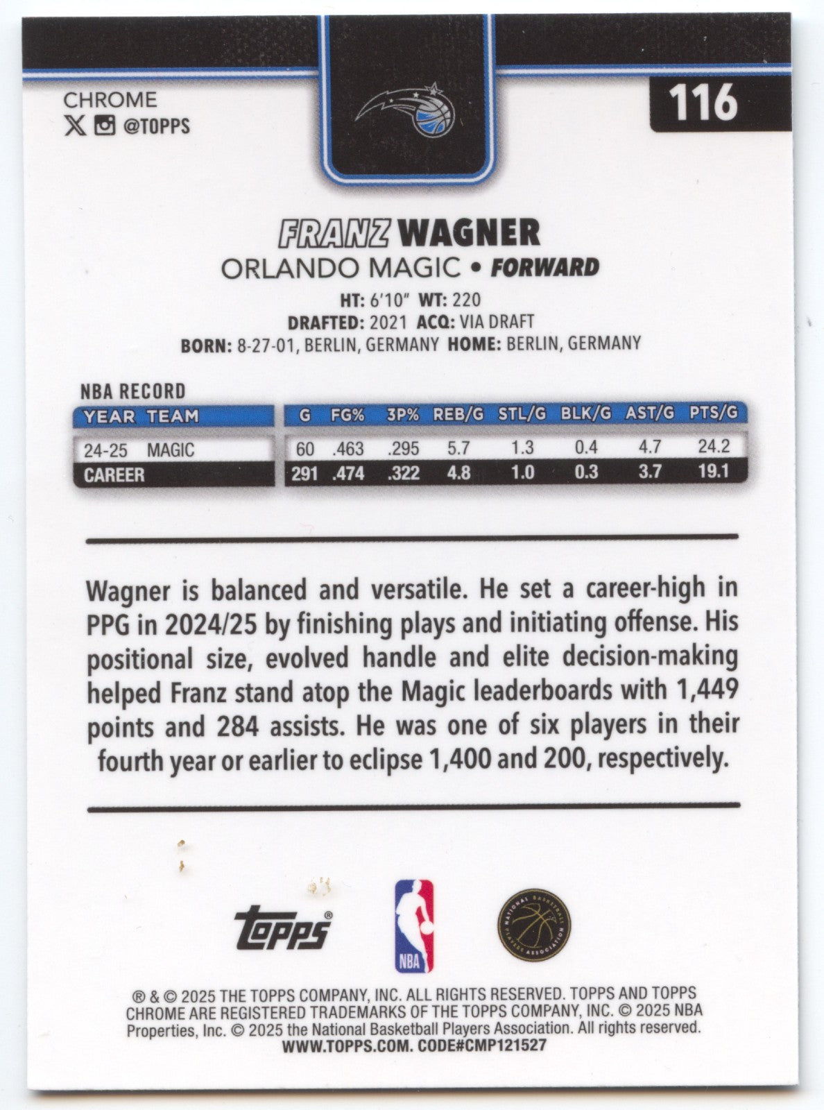 Franz Wagner RayWave Refractor 2025-26 Topps Chrome #116 Orlando Magic