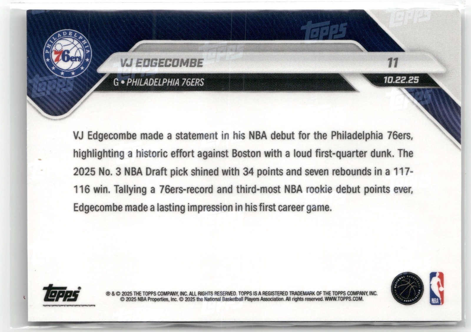 VJ Edgecombe 2025-26 Topps Now RC Rookie #11 76ers /17,761