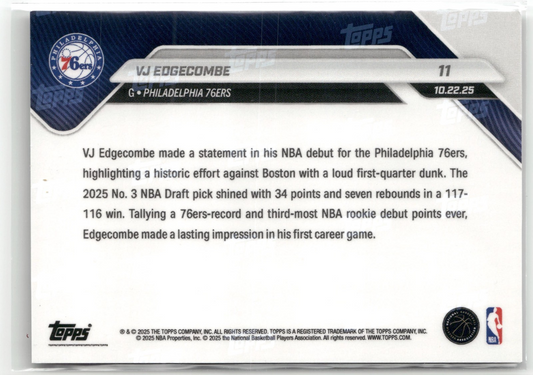 VJ Edgecombe 2025-26 Topps Now RC Rookie #11 76ers /17,761